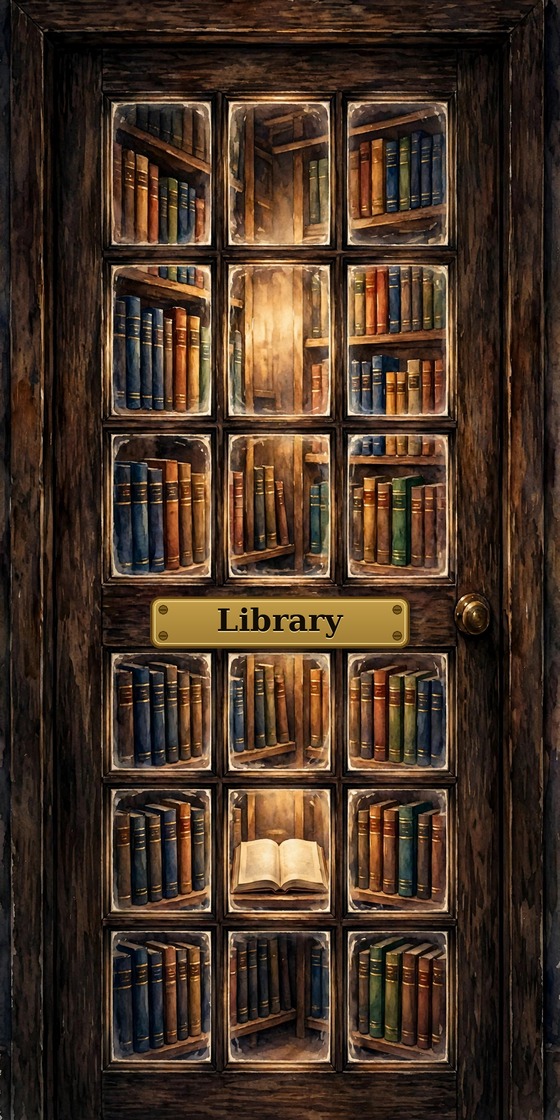 Wooden library shelves filled with books. Enter the Timeless Medium Knowledge Library.