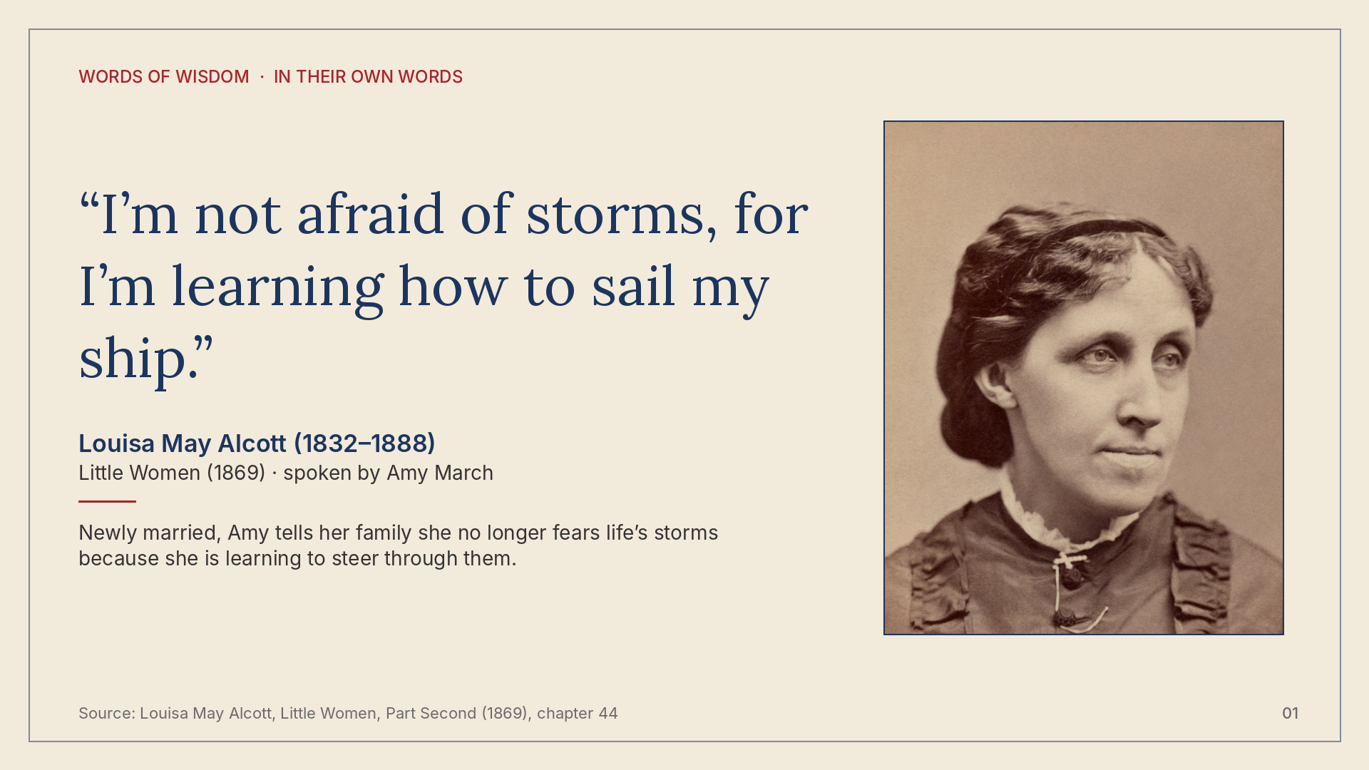 Quote card for Louisa May Alcott, In Their Own Words, Volume 1.