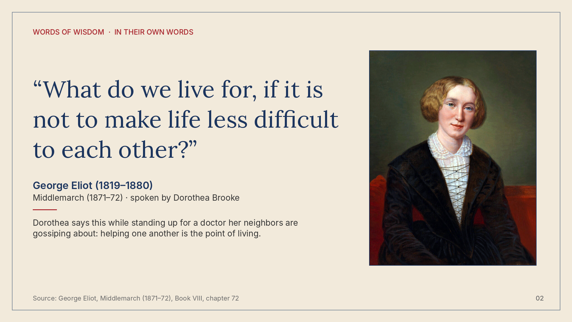 Quote card for George Eliot, In Their Own Words, Volume 1.