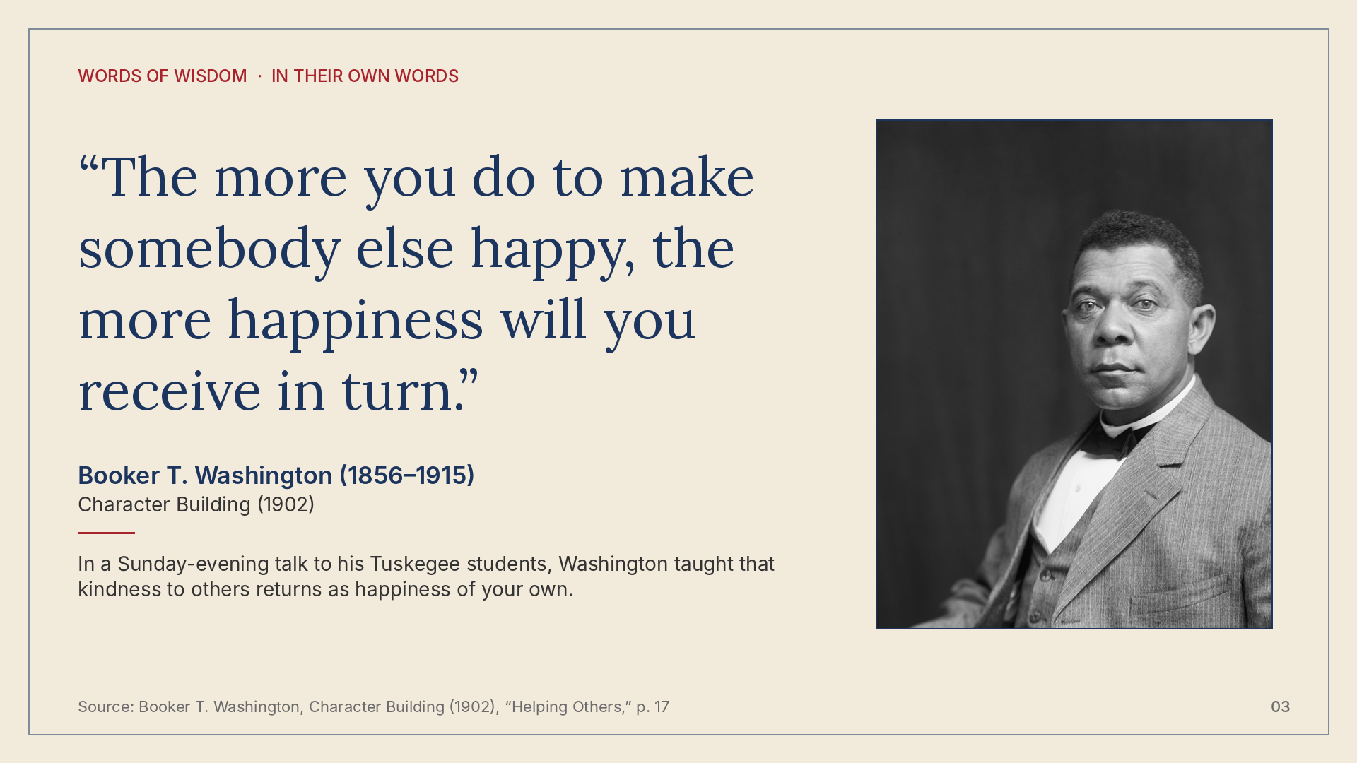 Quote card for Booker T. Washington, In Their Own Words, Volume 1.