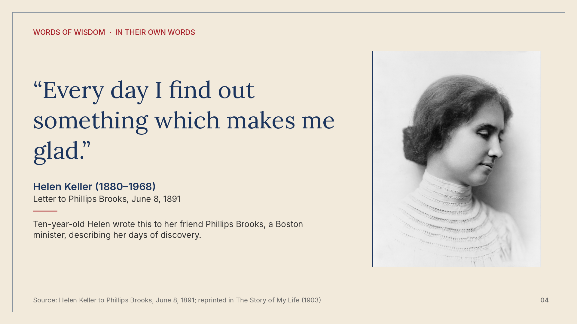 Quote card for Helen Keller, In Their Own Words, Volume 1.