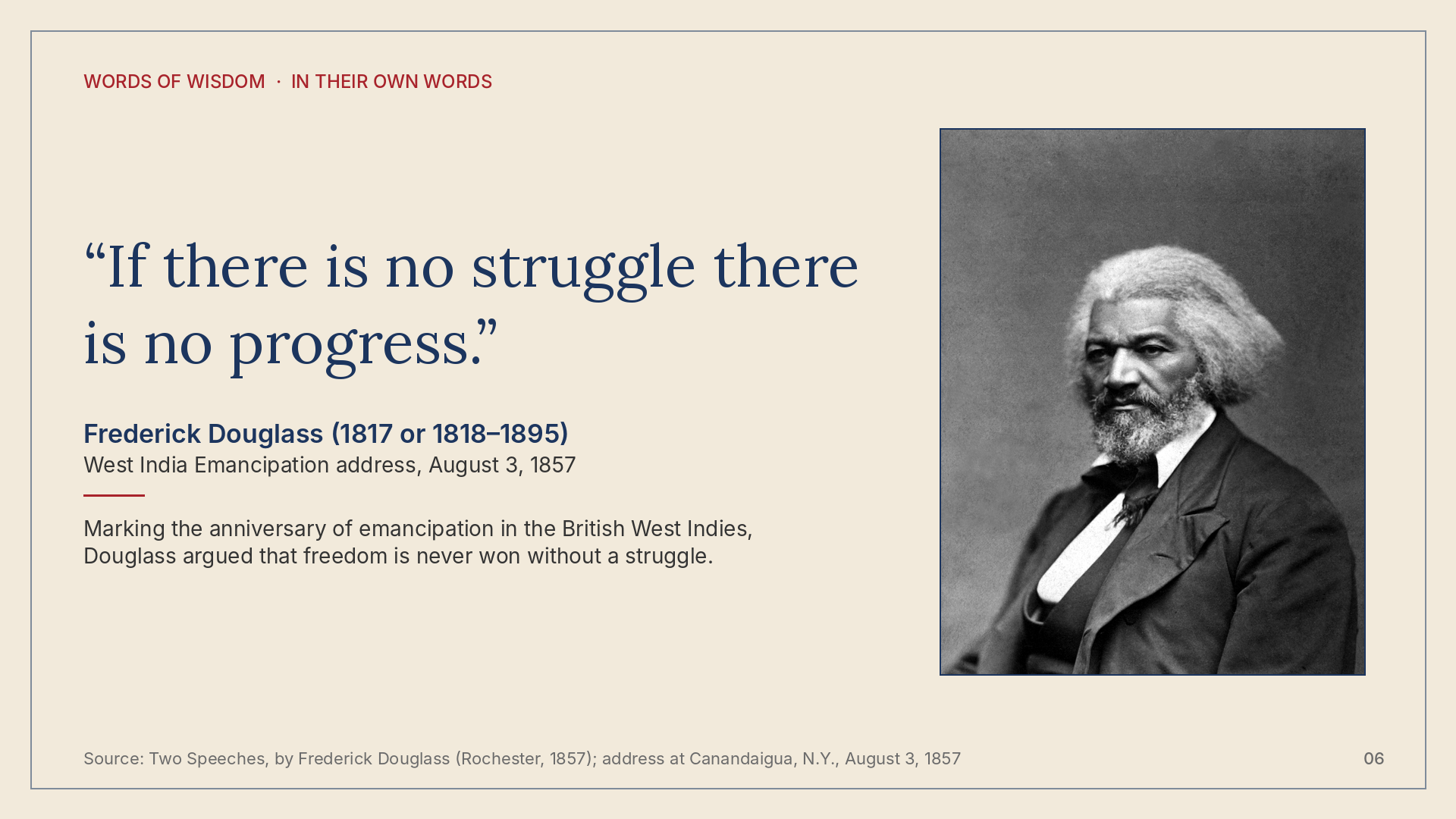 Quote card for Frederick Douglass, In Their Own Words, Volume 1.