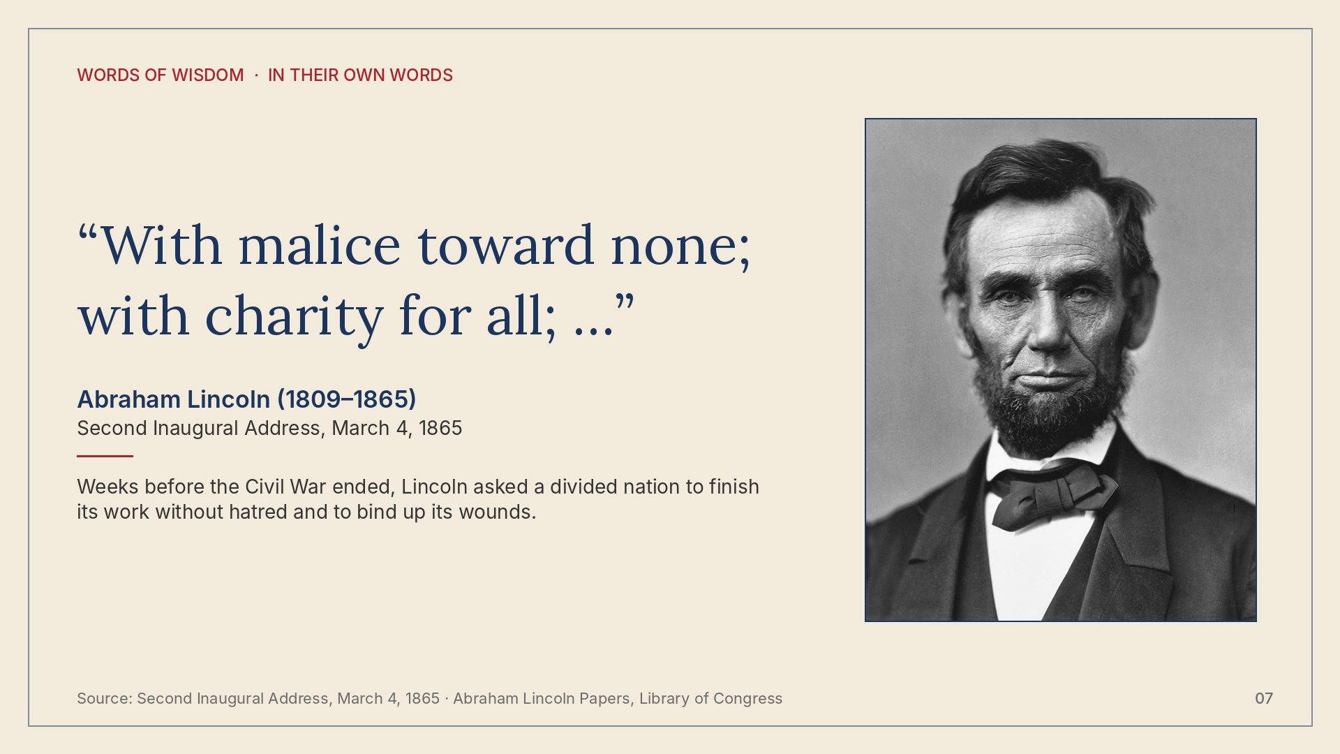 Quote card for Abraham Lincoln, In Their Own Words, Volume 1.