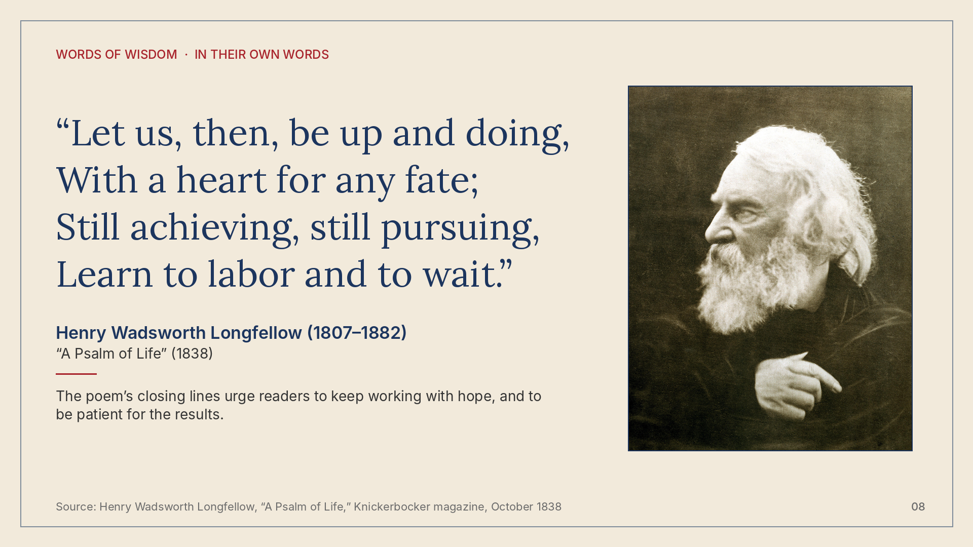 Quote card for Henry Wadsworth Longfellow, In Their Own Words, Volume 1.