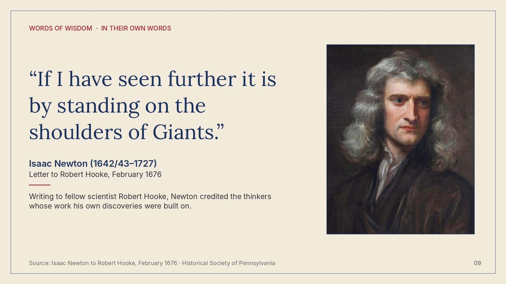 Quote card for Isaac Newton, In Their Own Words, Volume 1.