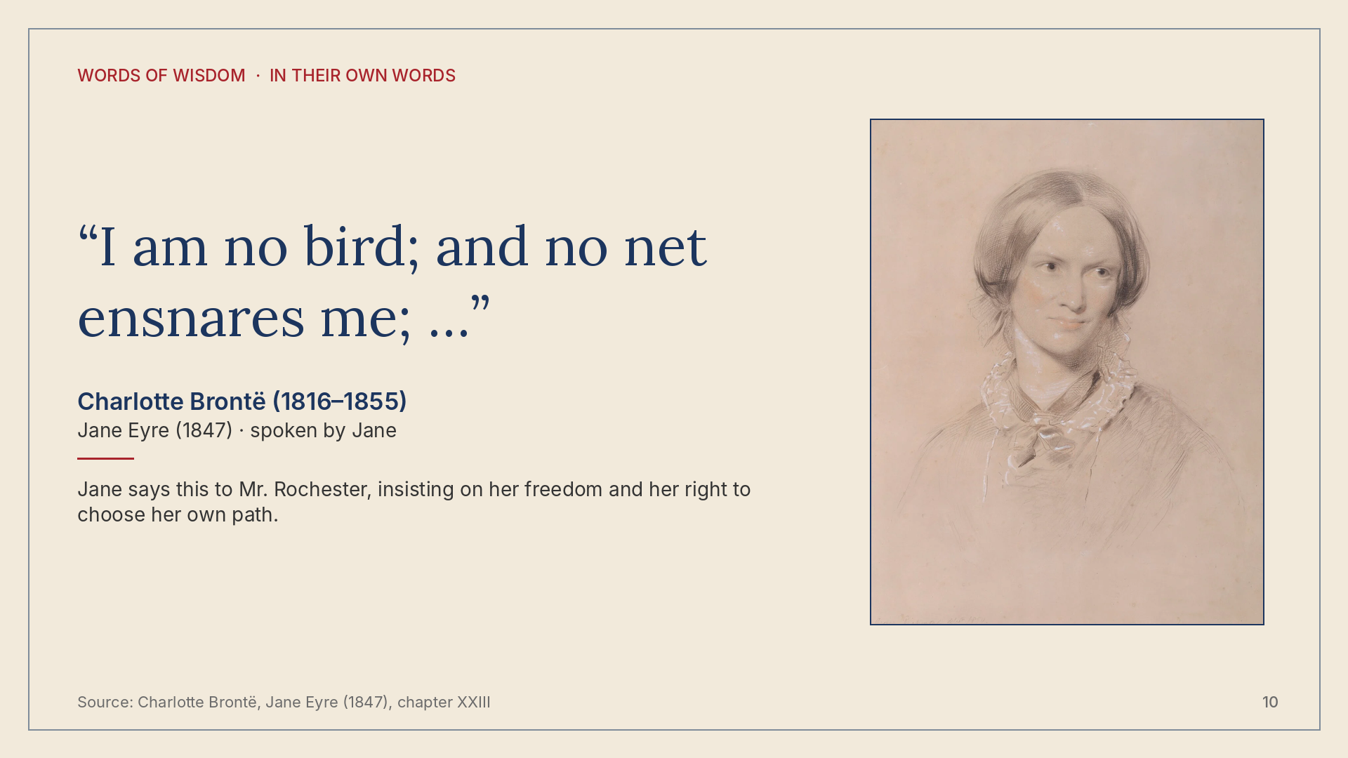 Quote card for Charlotte Bronte, In Their Own Words, Volume 1.