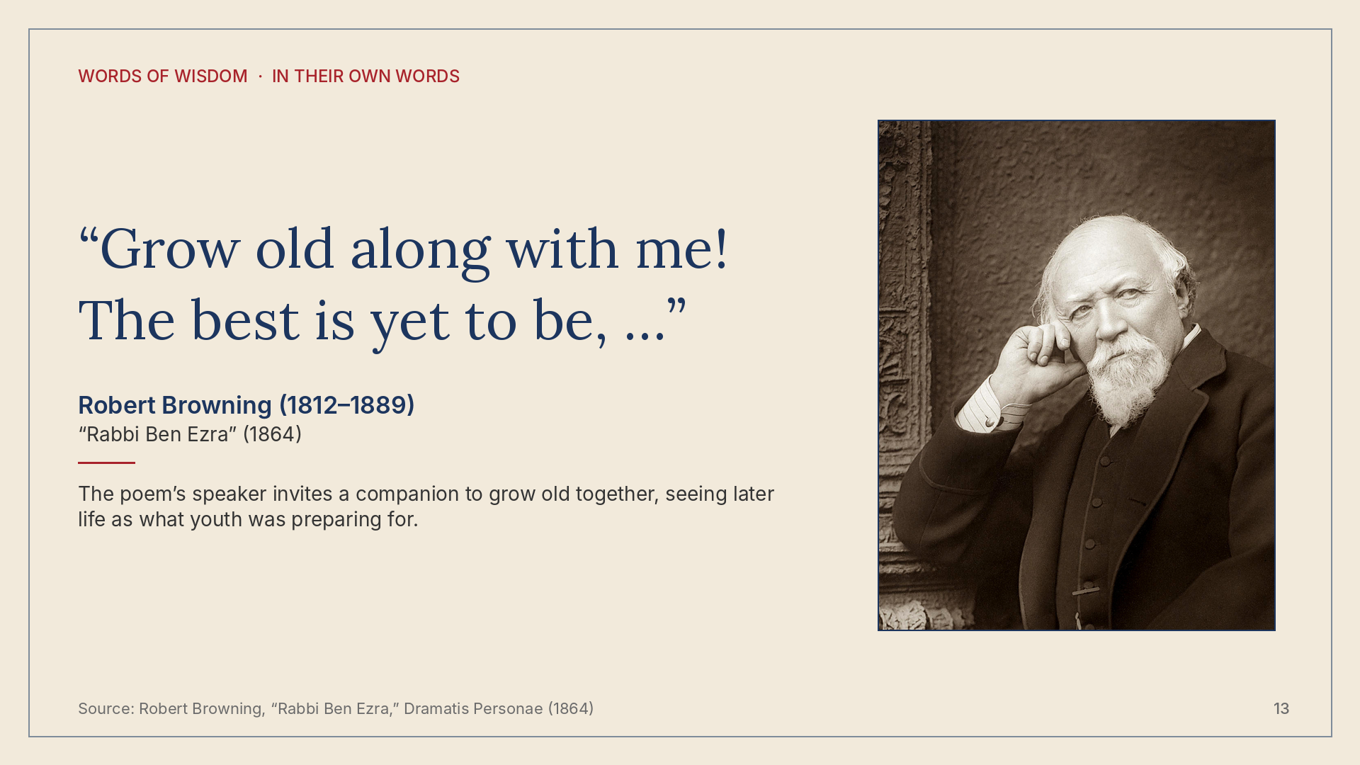 Quote card for Robert Browning, In Their Own Words, Volume 1.