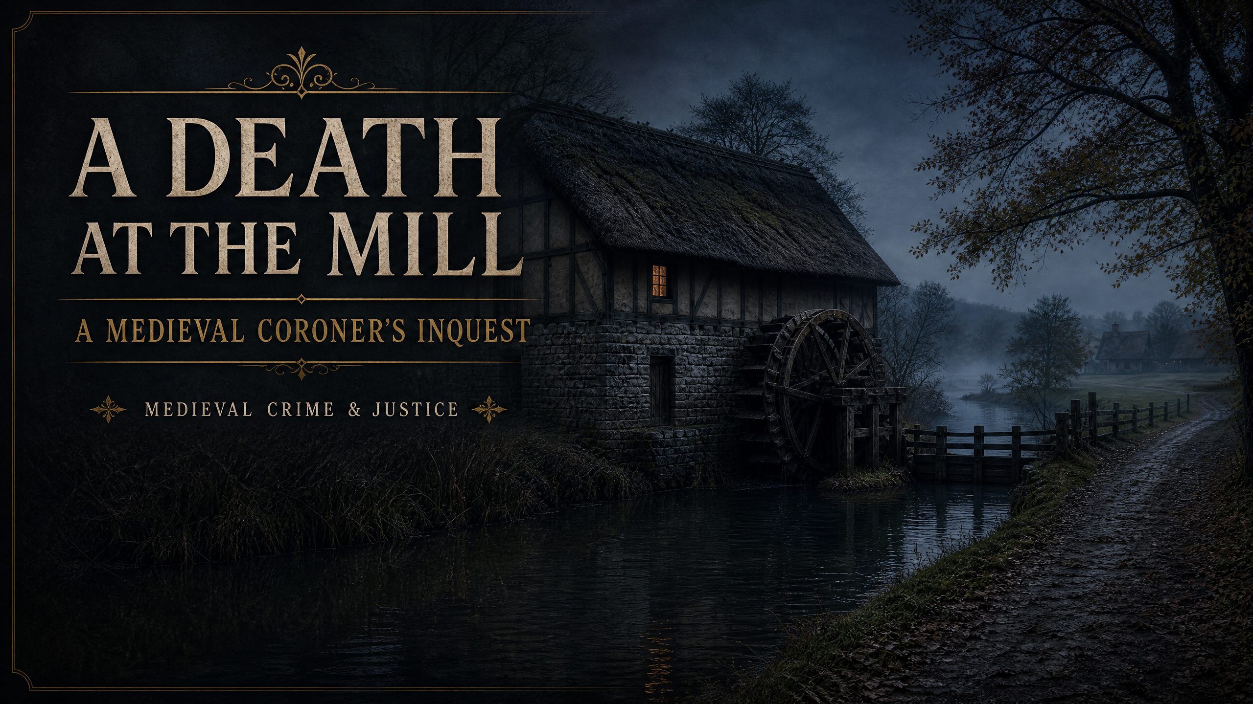 Dark medieval watermill beside a river at night.