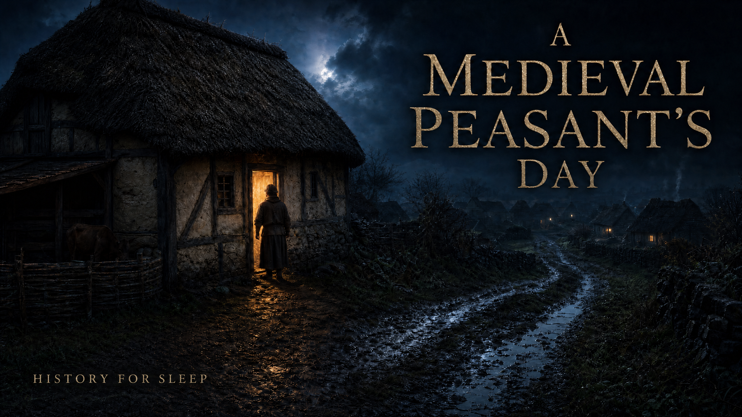 Medieval peasant sitting beside a hearth in a dim timber-framed home.