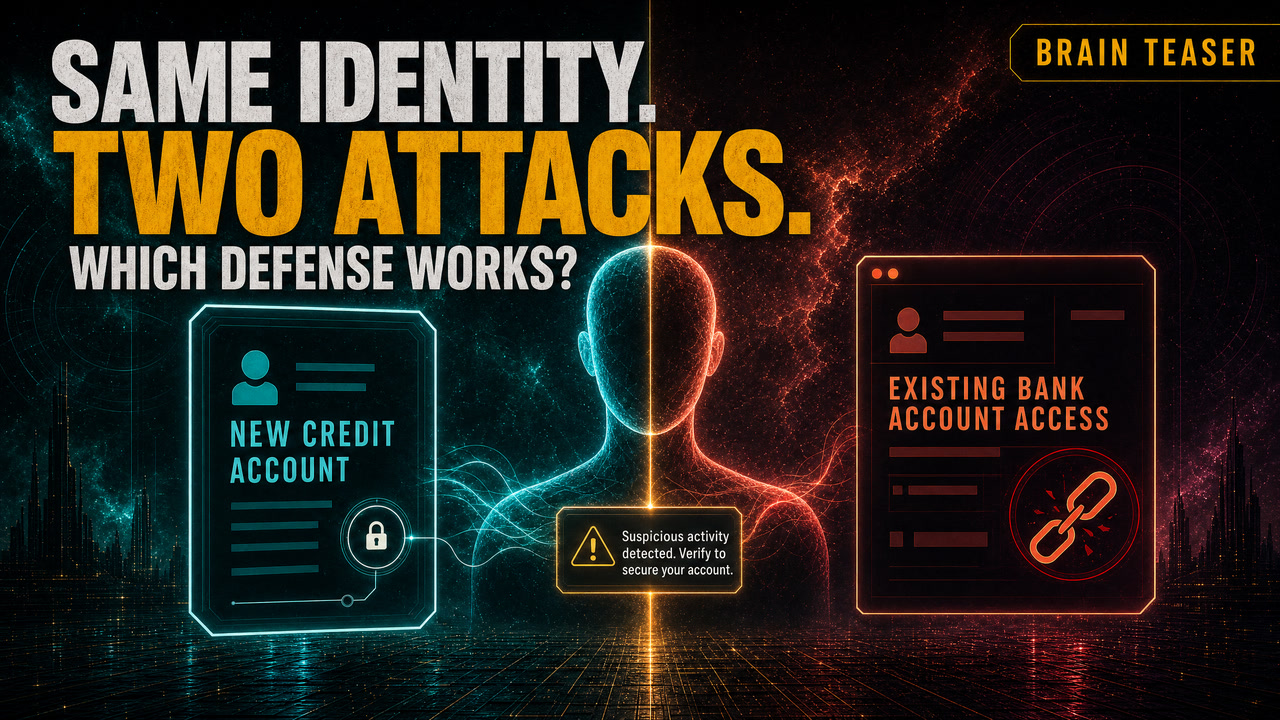 Split blue and red digital identity illustration comparing a new credit account with existing bank account access.