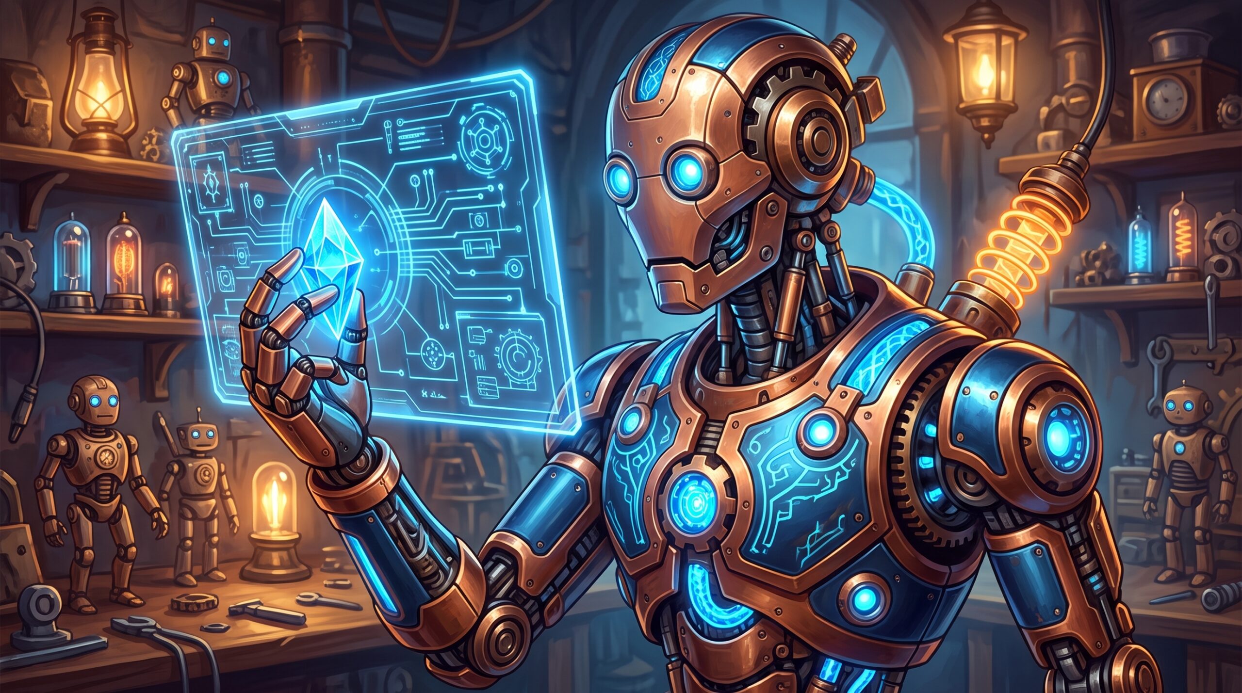 A luminous retro-futurist scene about tech and robotics