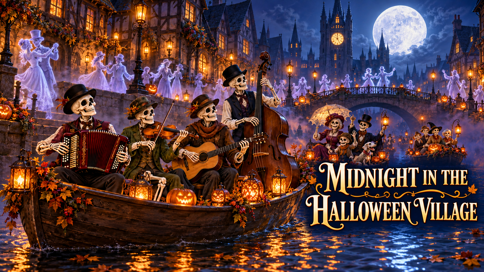 Step into a cozy Halloween canal village at midnight. Lantern-lit boats glide beneath stone bridges, friendly ghosts dance, and curious cats explore cobblestone streets. Follow the village’s celebration through glowing markets, quiet workshops, and moonlit waterways until the first light of dawn.