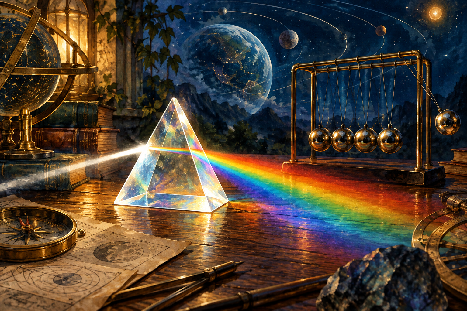 A colorful physics illustration featuring a glass prism casting a rainbow across a wooden desk