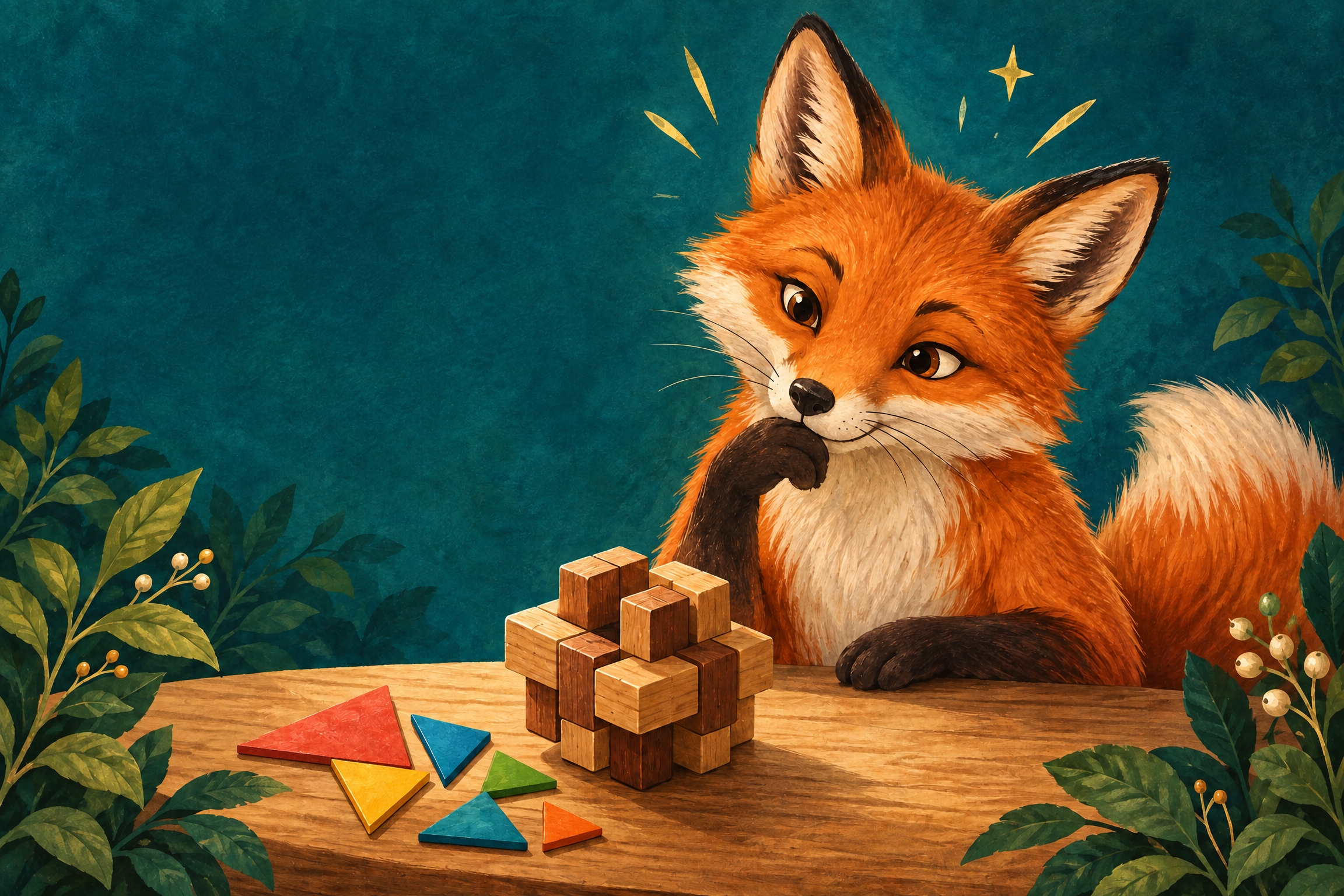 A red fox studies three wooden doors, keys, and puzzle pieces arranged as a visual brain teaser.