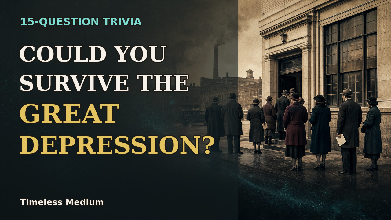 People line up outside a 1930s bank on the thumbnail for a Great Depression history quiz.