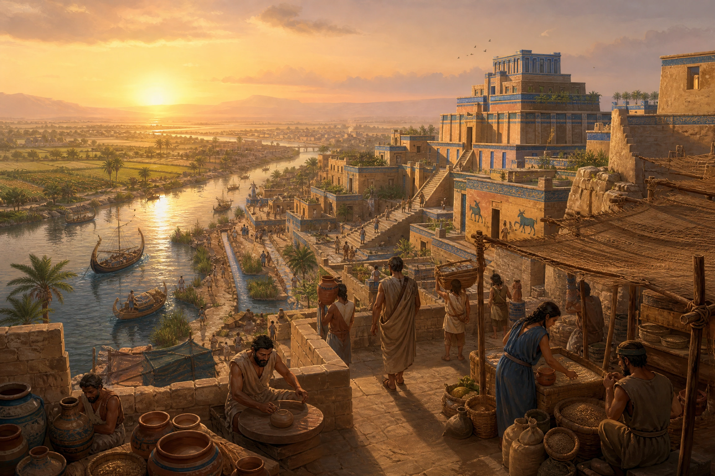 A reconstructed ancient river city with stepped architecture, canals, boats, workshops, and cultivated fields at sunrise.