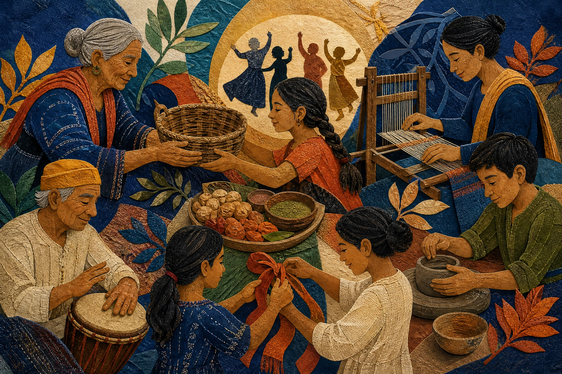 A textile collage of generations sharing basketry, weaving, food, pottery, music, ribbon work, and dance.