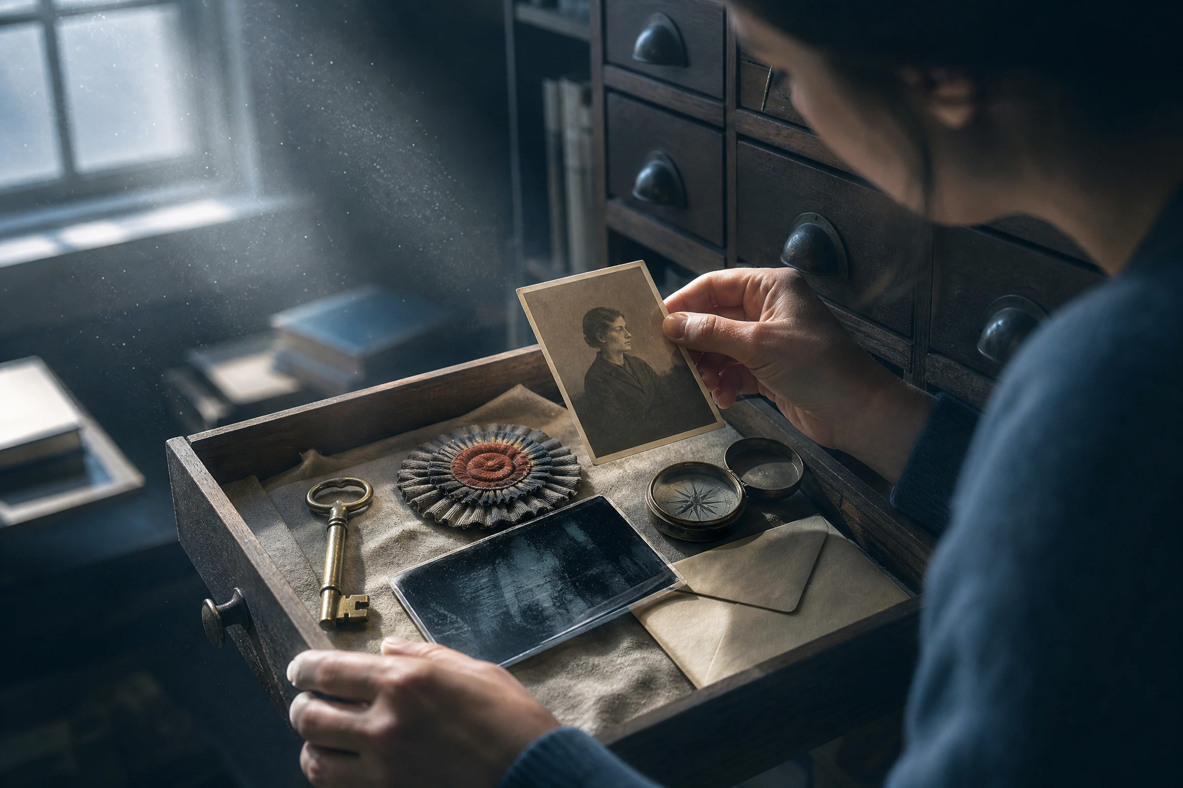 A researcher opens an archive drawer containing an overlooked portrait, key, rosette, compass, glass plate, and blank envelope.