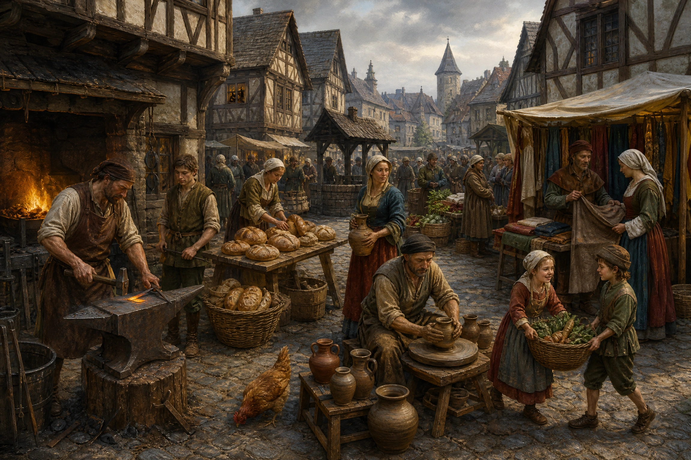 A busy medieval market with a blacksmith, bakers, potter, cloth merchant, children, and timber-framed buildings.
