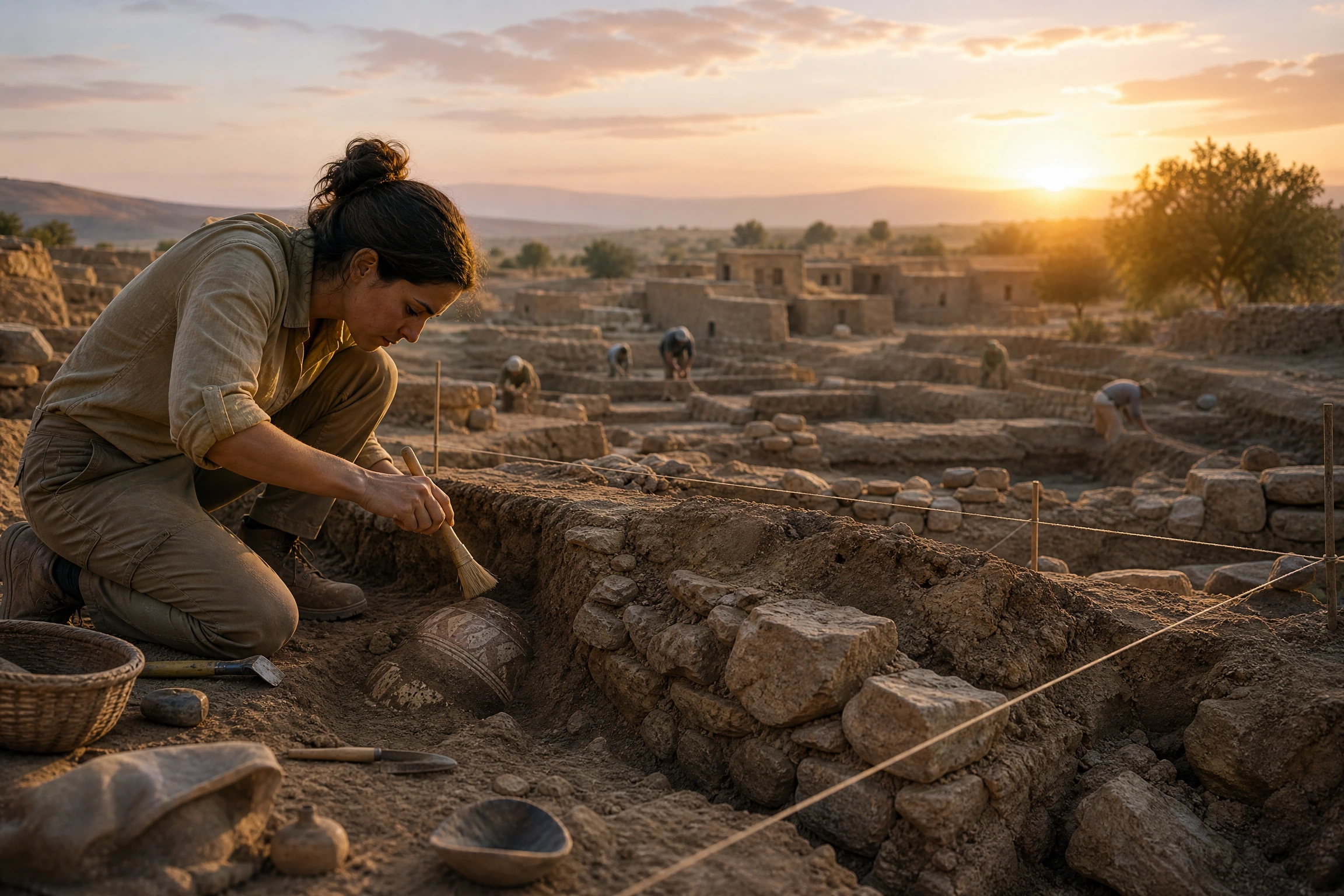An archaeologist brushes an ancient ceramic vessel at a sunrise excavation of an early settlement.