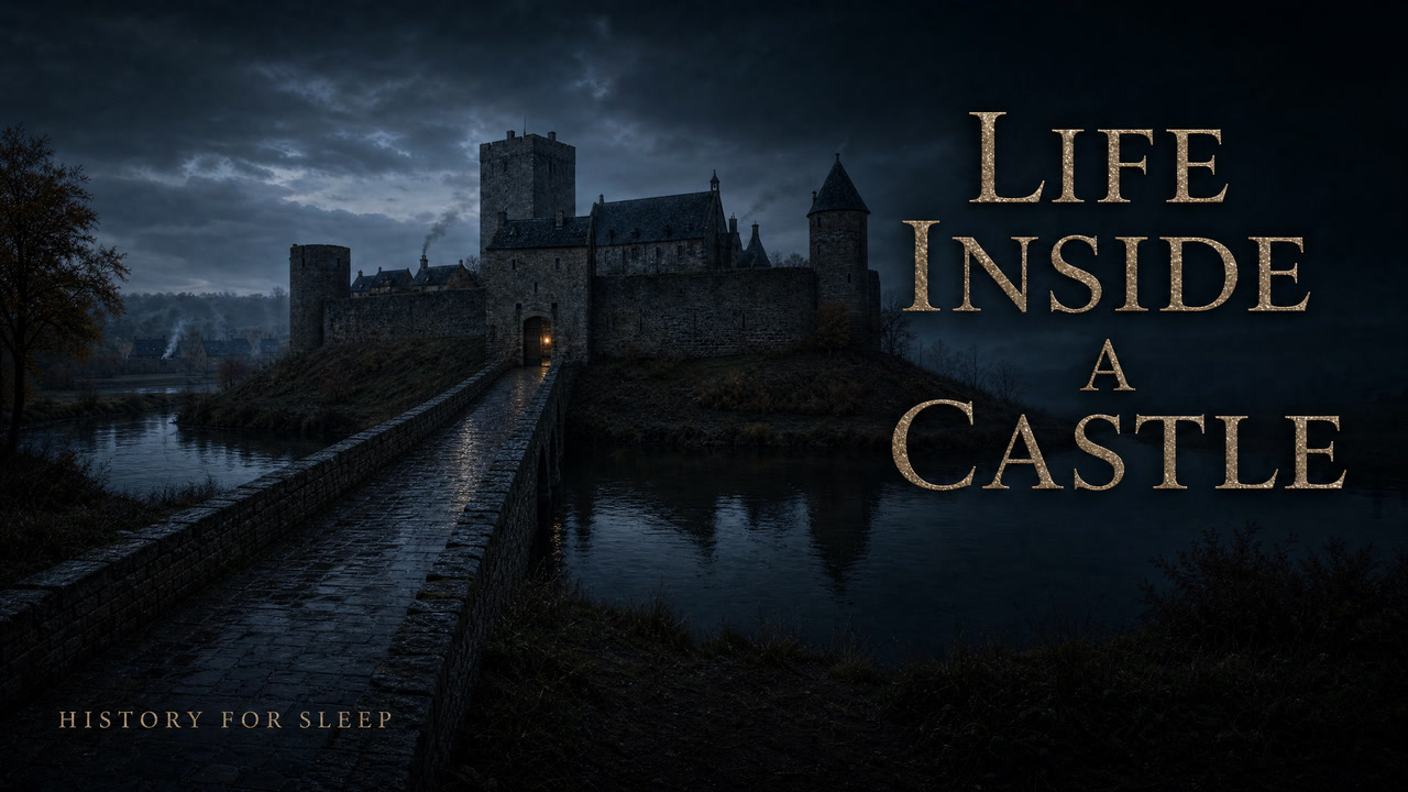 Moonlit medieval castle overlooking a quiet village.