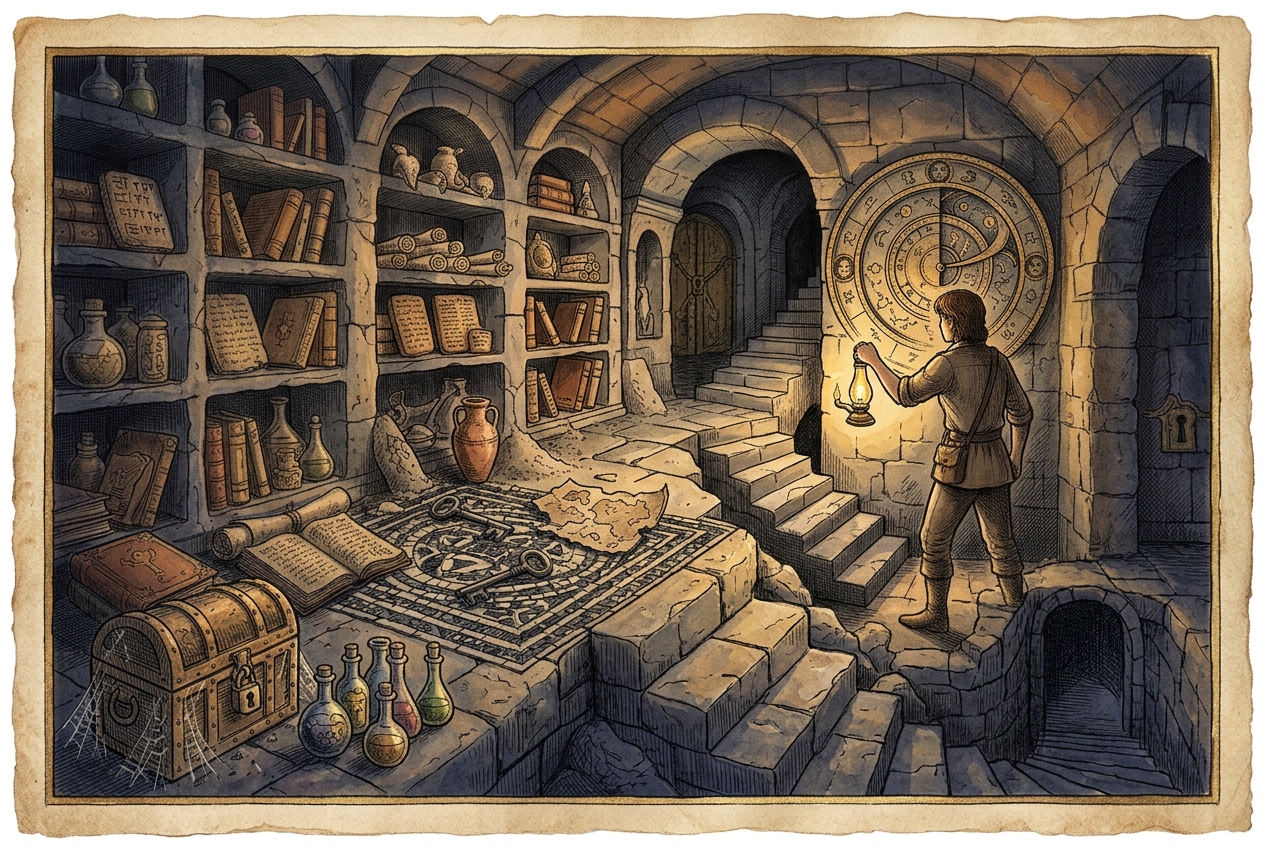 An adventurer explores a hidden stone chamber filled with ancient books, bottles, a map, treasure chest, and mysterious circular mechanism.