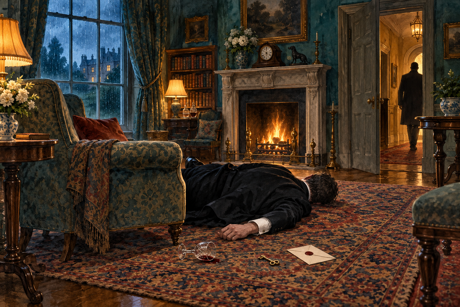 A man lies on the floor of an elegant room near a broken glass, a key, a sealed envelope, and an open jewelry box while another figure leaves.