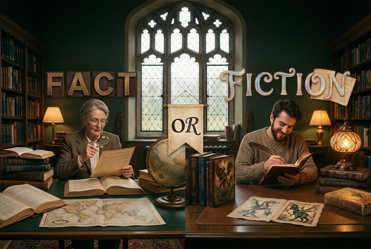 Two researchers compare evidence and imagined stories at neighboring library desks beneath the words Fact or Fiction.