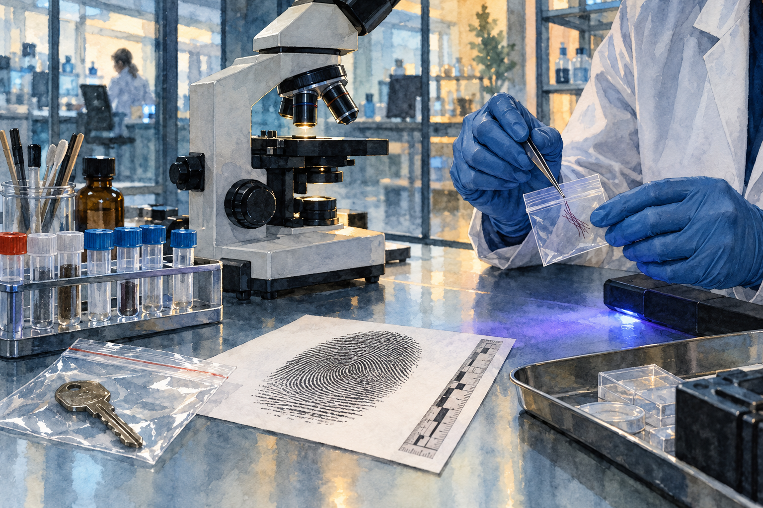 A forensic scientist examines evidence beside a microscope, fingerprint sheet, test tubes, ultraviolet light, and a bagged key.
