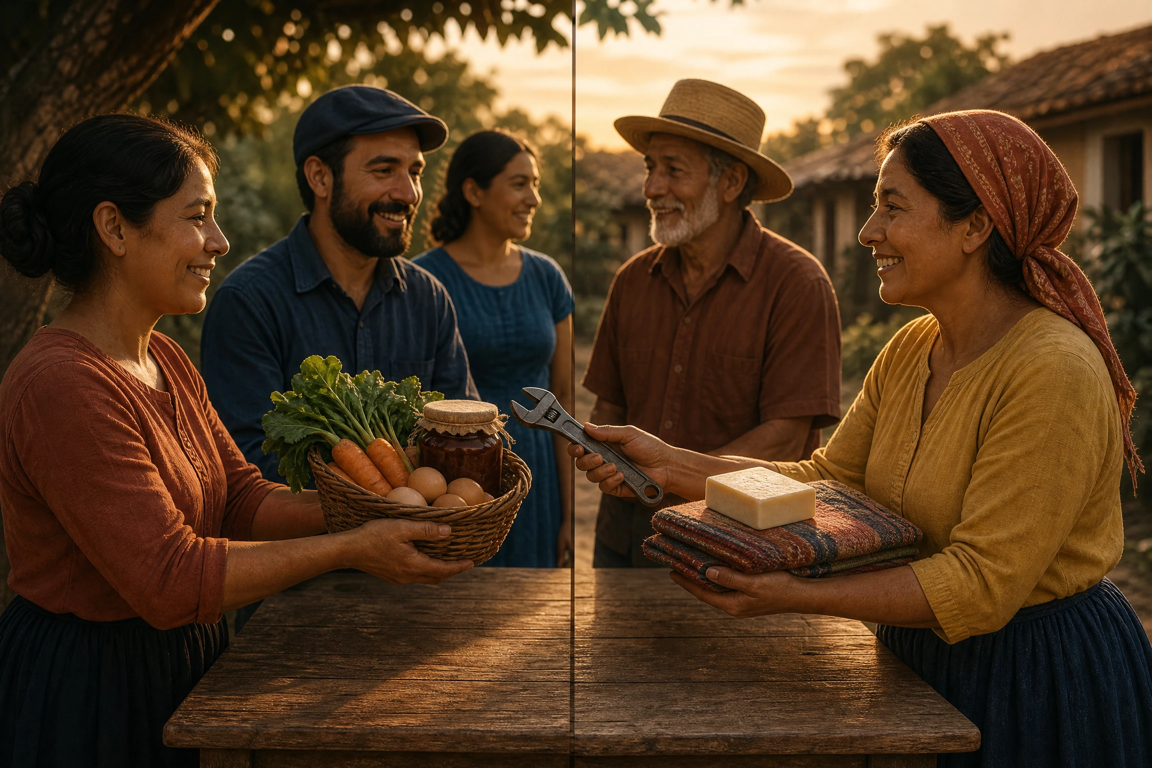 Neighbors exchange a basket of vegetables, eggs, and preserves for a repaired wrench, woven cloth, and soap.