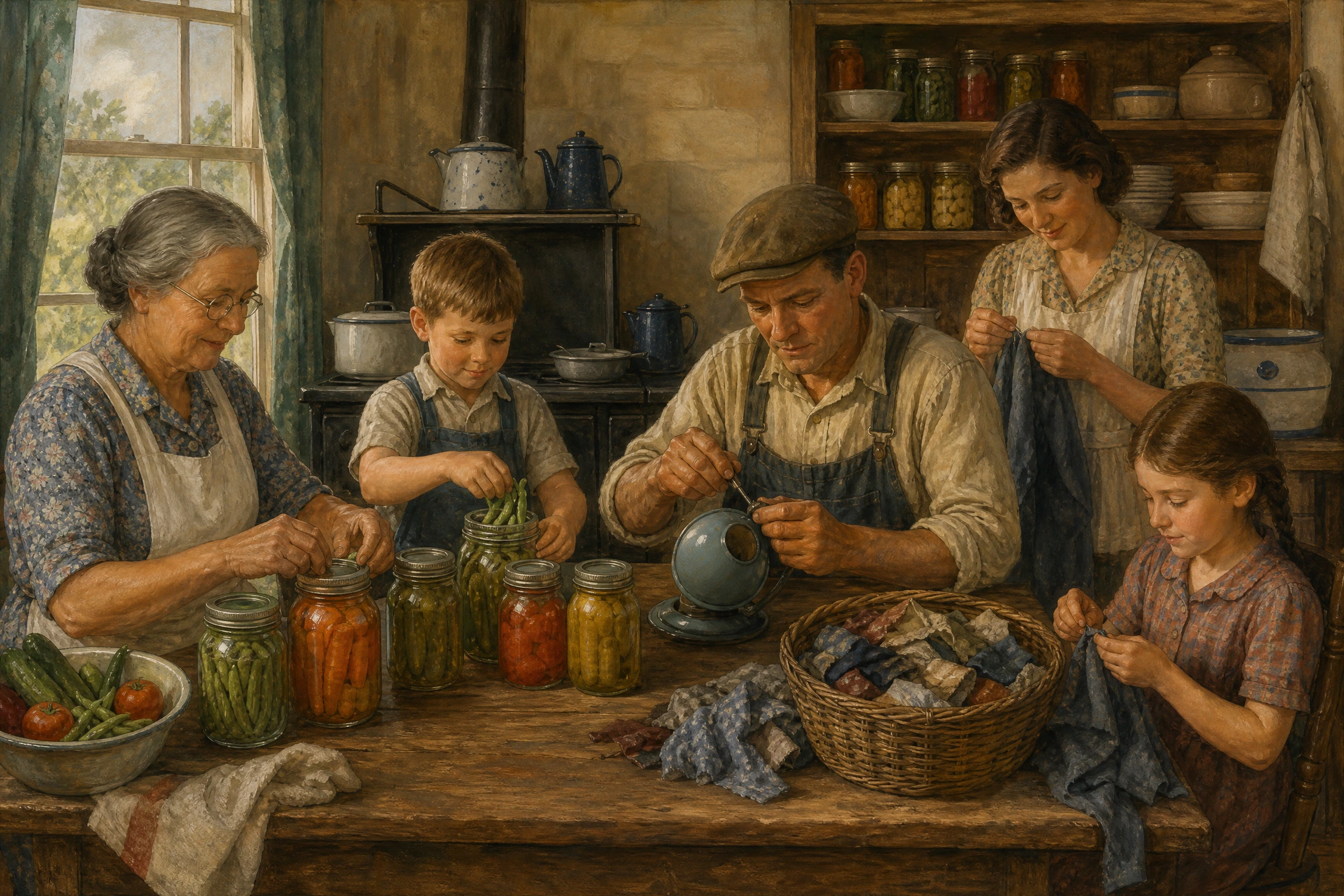 A multigenerational 1930s family preserves vegetables, mends fabric, and repairs a household item together.