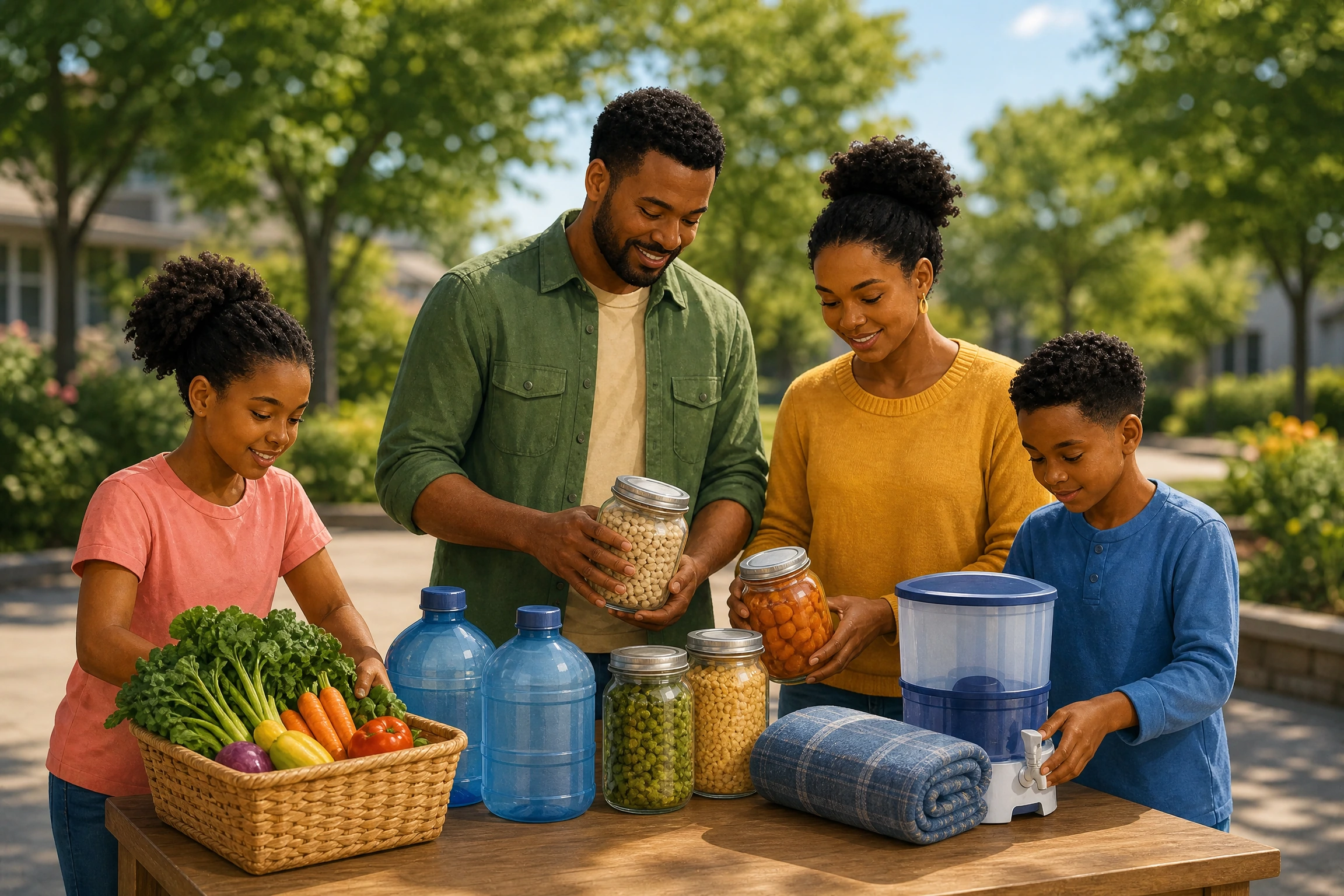 A family arranges vegetables, preserved food, water containers, a water filter, and a blanket at an outdoor community table.