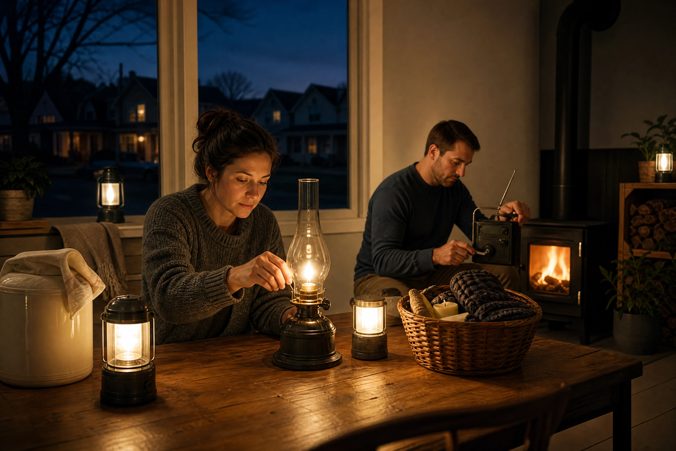 A couple prepares oil lamps and a battery radio in a warm kitchen during a calm evening power outage.