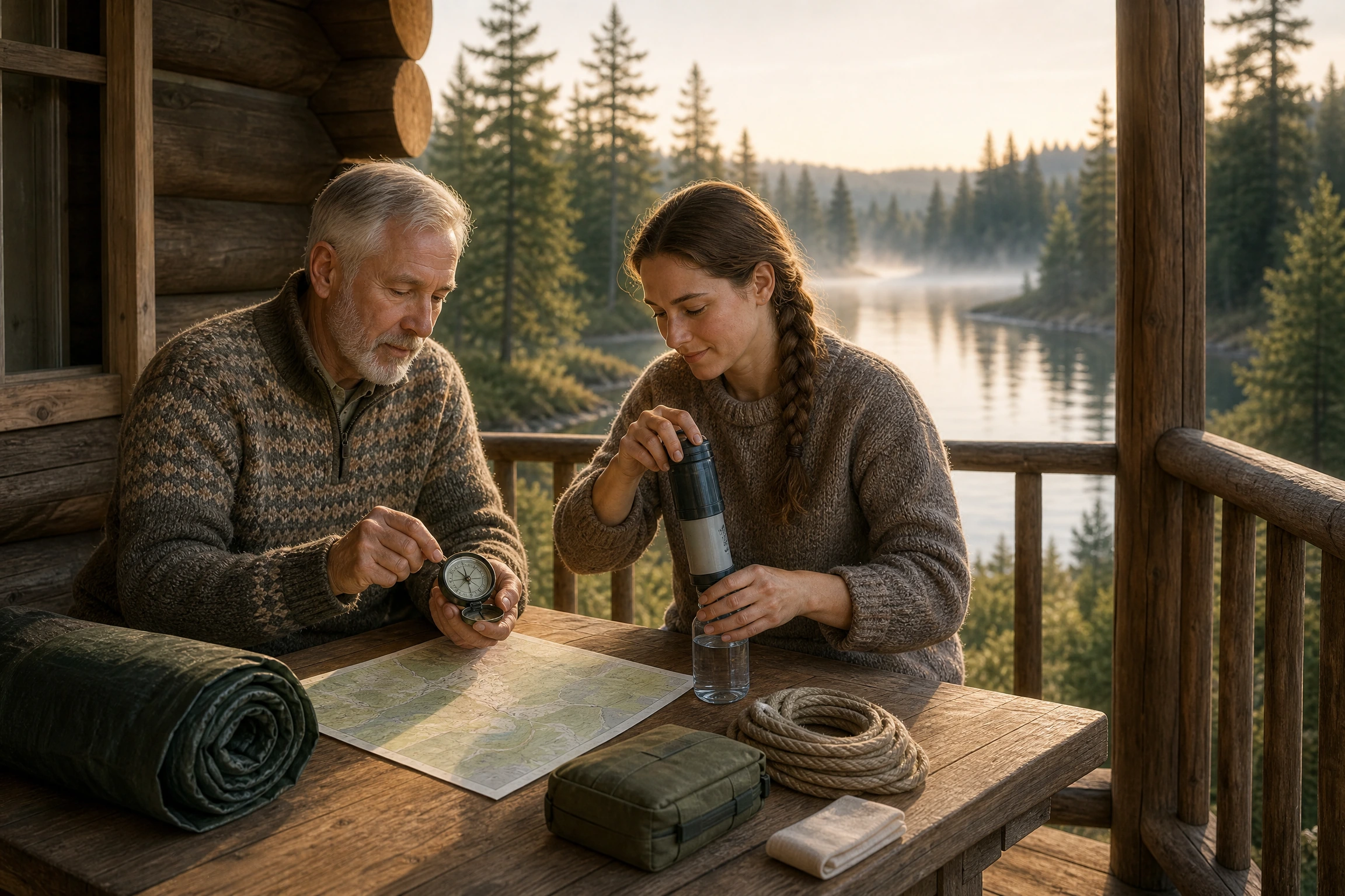 Two people on a lakeside cabin porch practice compass navigation and water filtration with a tarp, rope, and first-aid supplies.