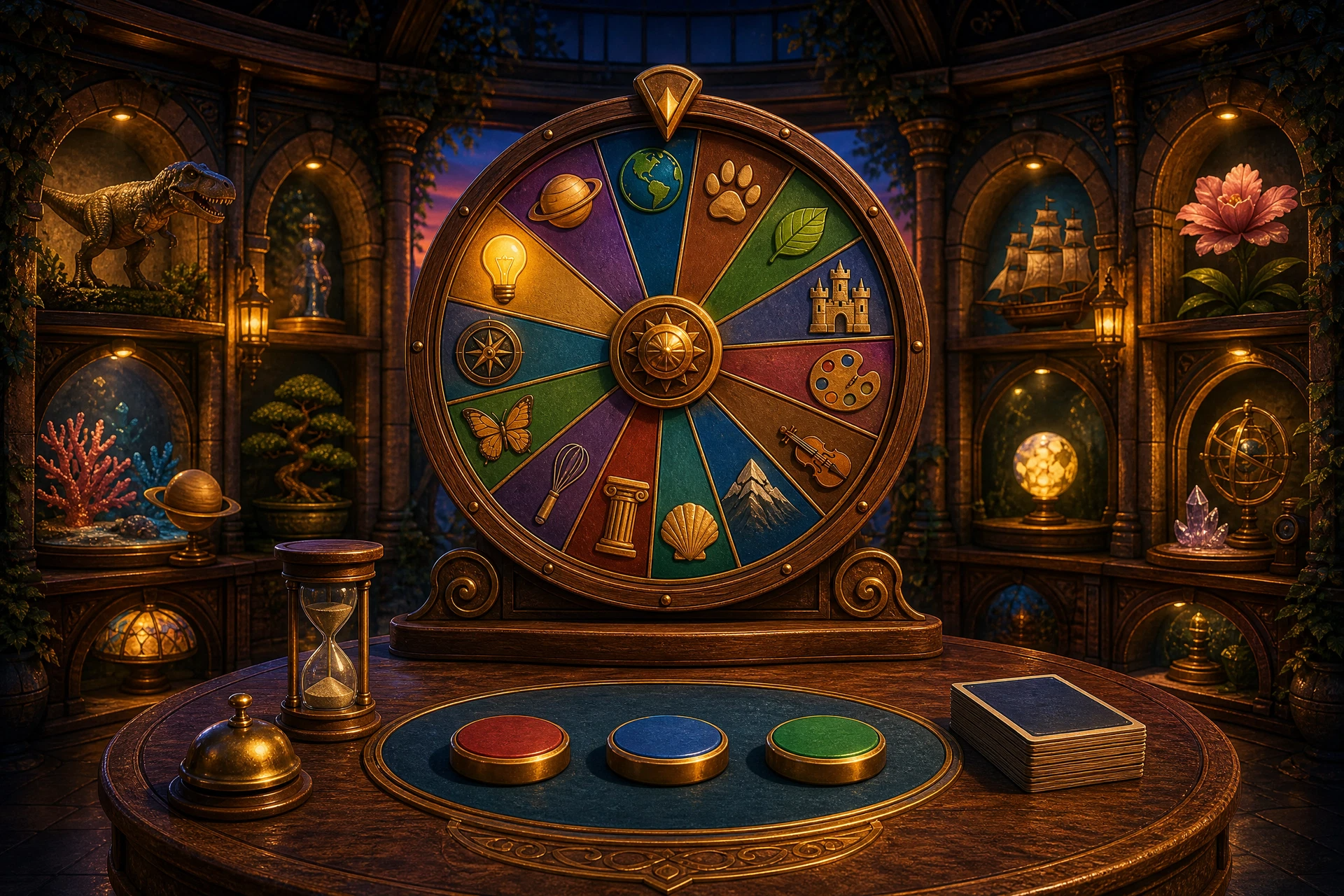 A clockwork wheel of illustrated topics stands above three colored answer buttons, cards, a bell, and an hourglass.