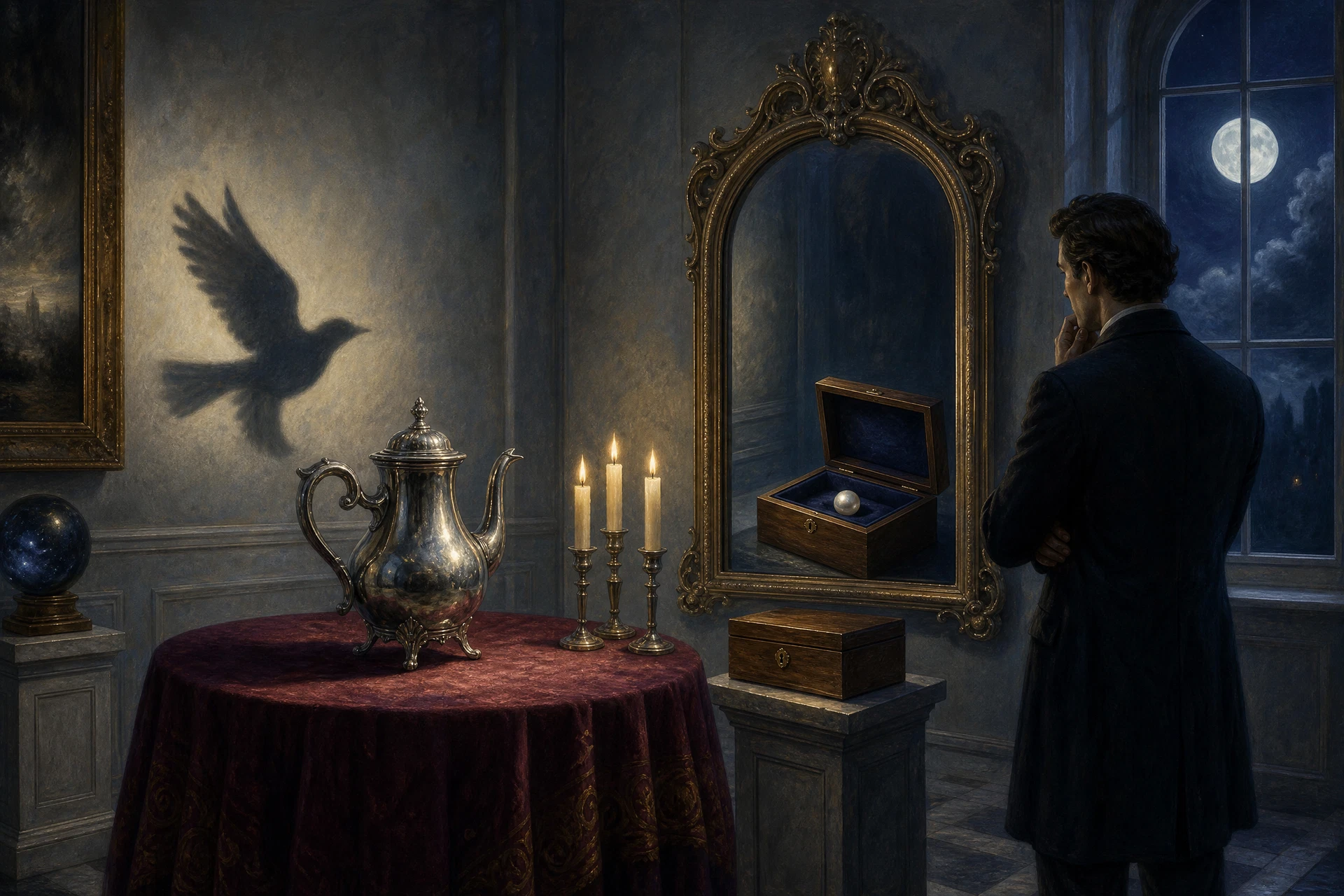 A moonlit surreal still life with a raven, an hourglass, a floating door, a pear, and contradictory shadows and reflections.