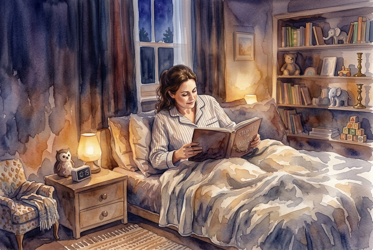 A woman reads a book in bed by warm lamplight in a cozy bedroom at night.