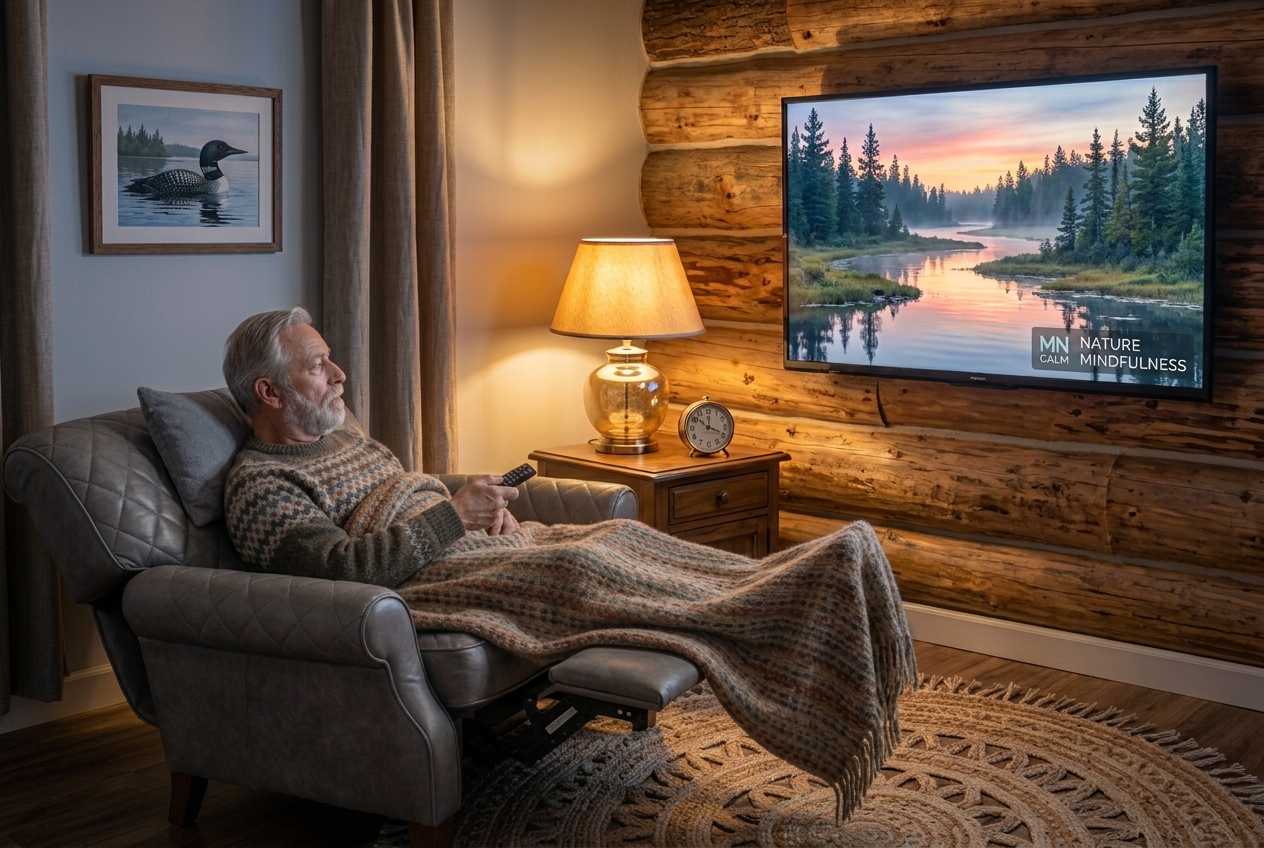 An older man relaxes under a blanket in a log cabin while watching a calm Minnesota lake scene on television.