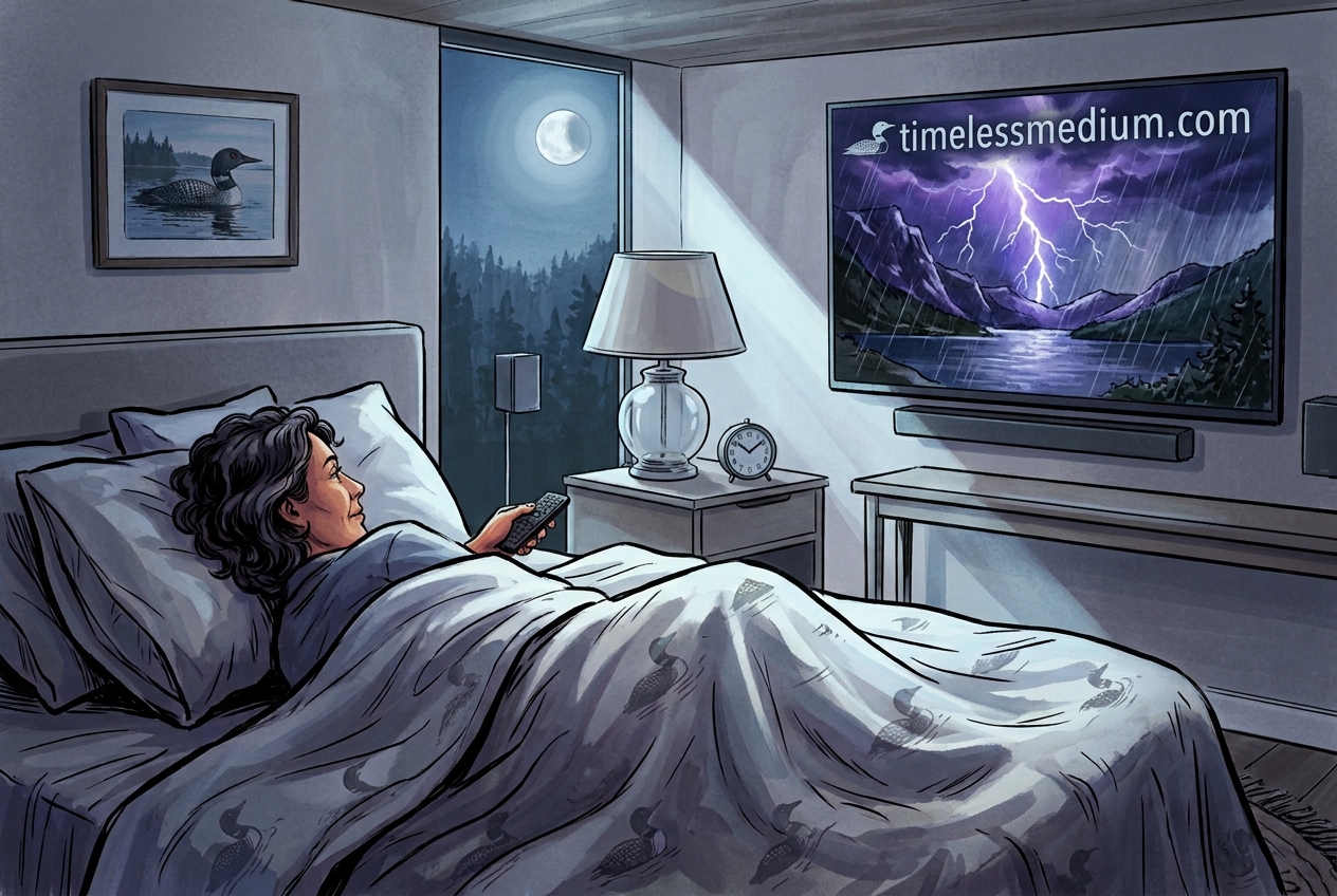 A woman rests in bed while watching a thunderstorm over a mountain lake on a large screen in a moonlit room.