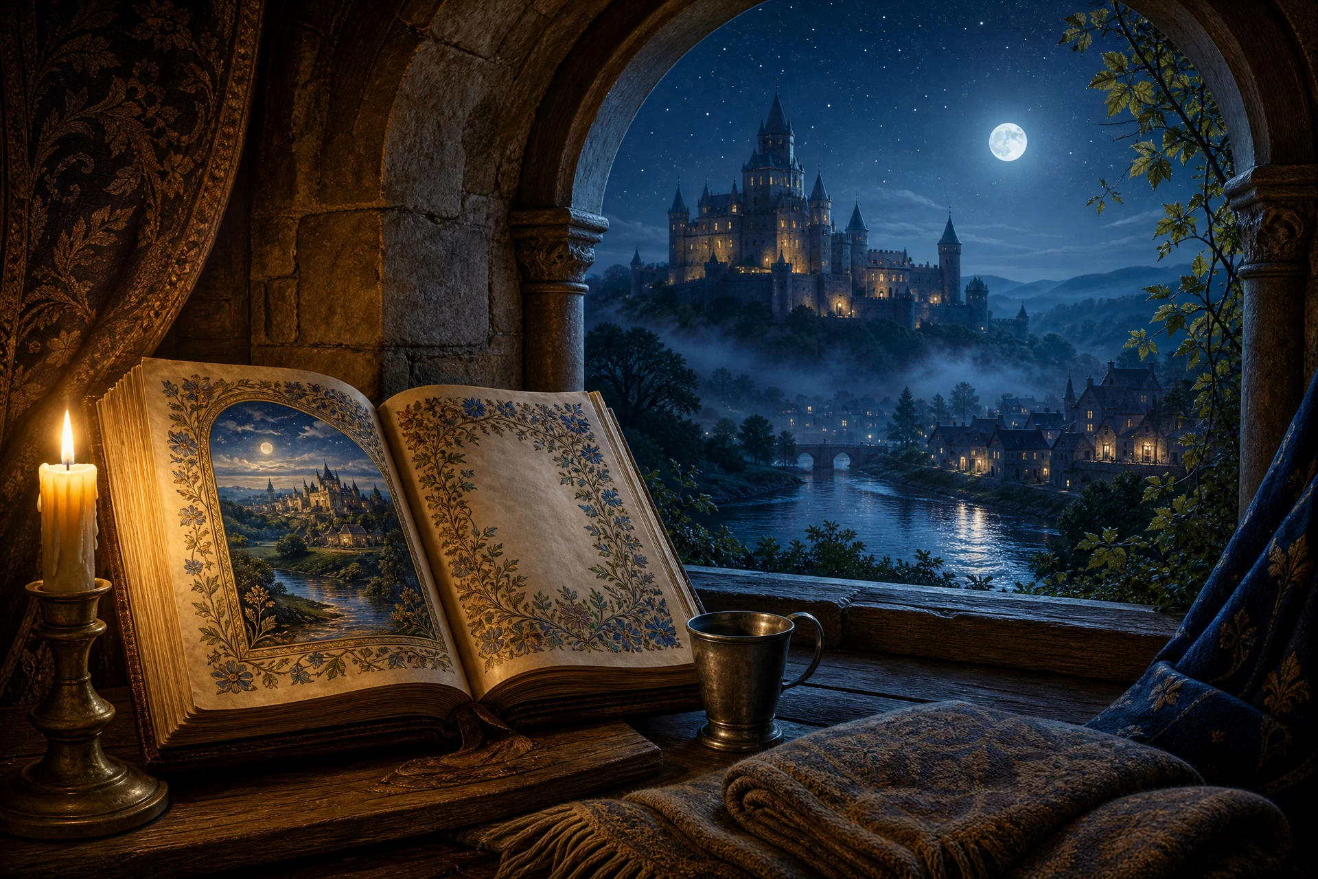 An open illuminated manuscript rests in a candlelit medieval chamber overlooking a peaceful moonlit castle and village.