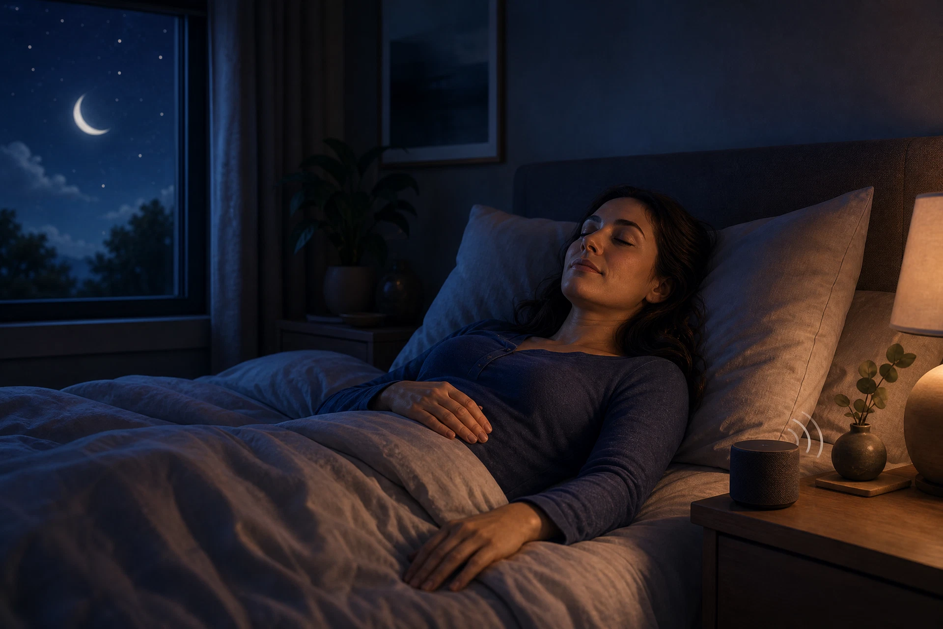 A woman rests comfortably in bed with one hand on her abdomen while a bedside speaker plays a guided sleep meditation under moonlight.