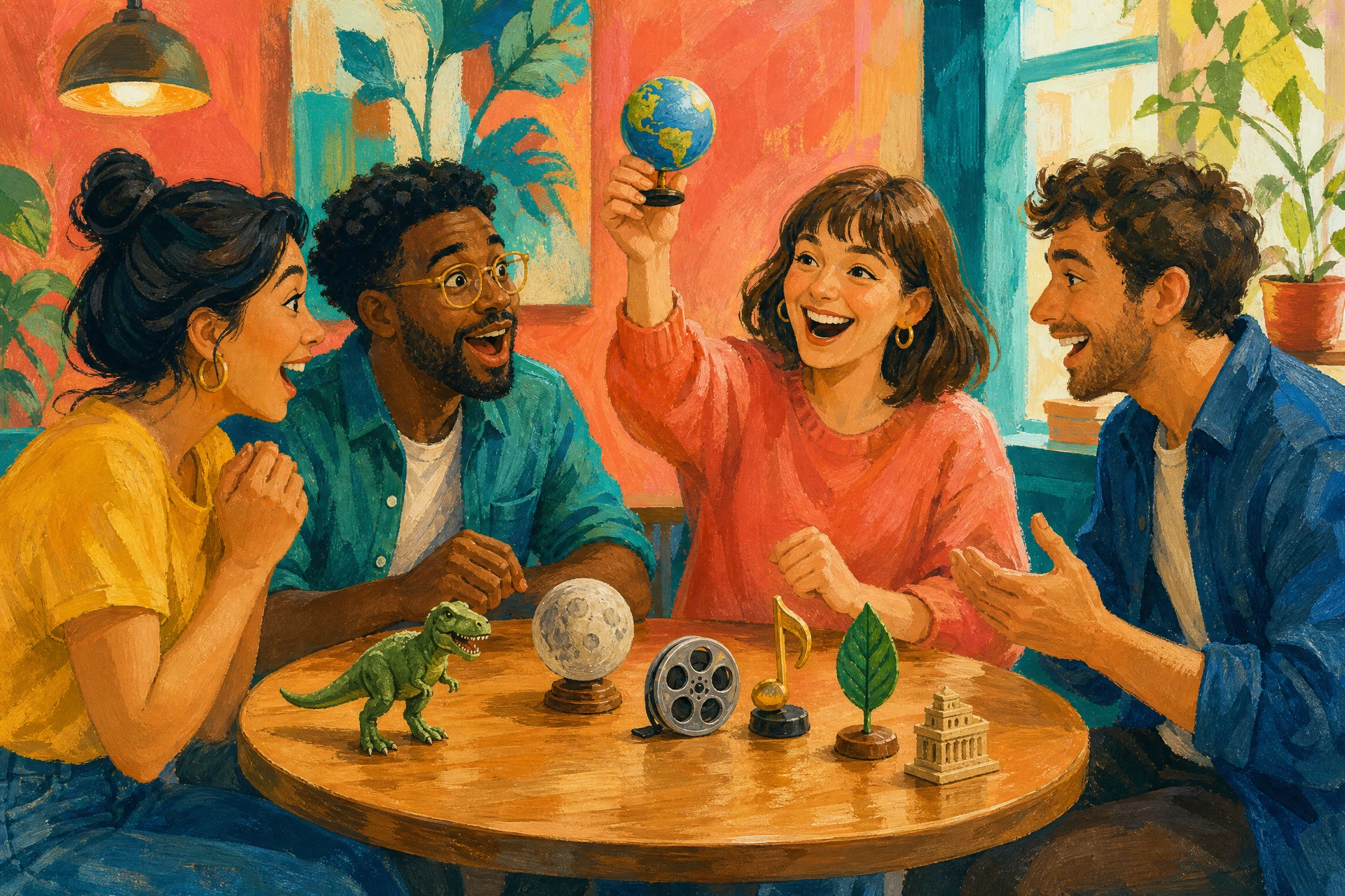Four friends gather around a table with picture-only knowledge objects representing science, geography, history, music, film, and nature.