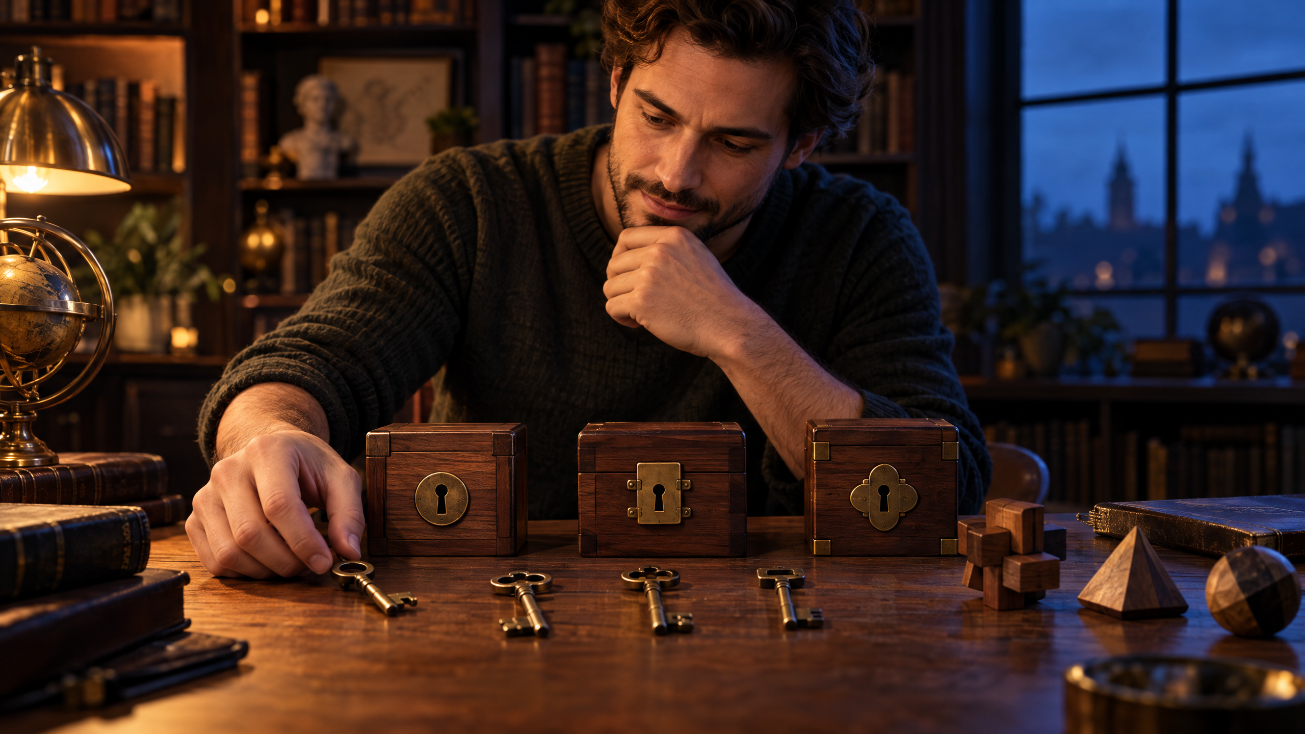 A red fox studies three wooden doors, keys, and puzzle pieces arranged as a visual brain teaser.