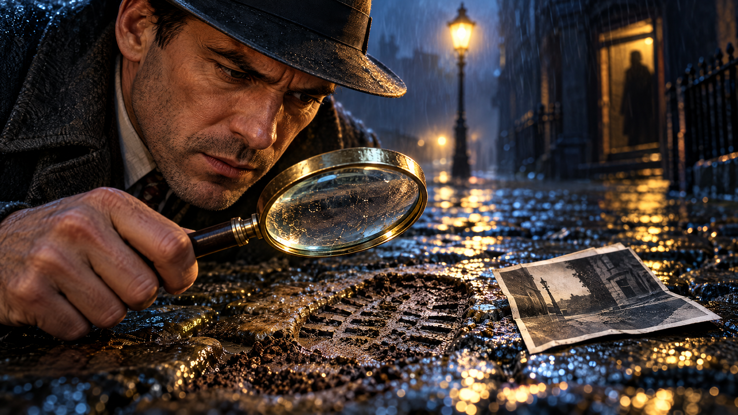 Two detectives examine muddy footprints, a glove, and a blue gemstone after a break-in while a witness looks on.