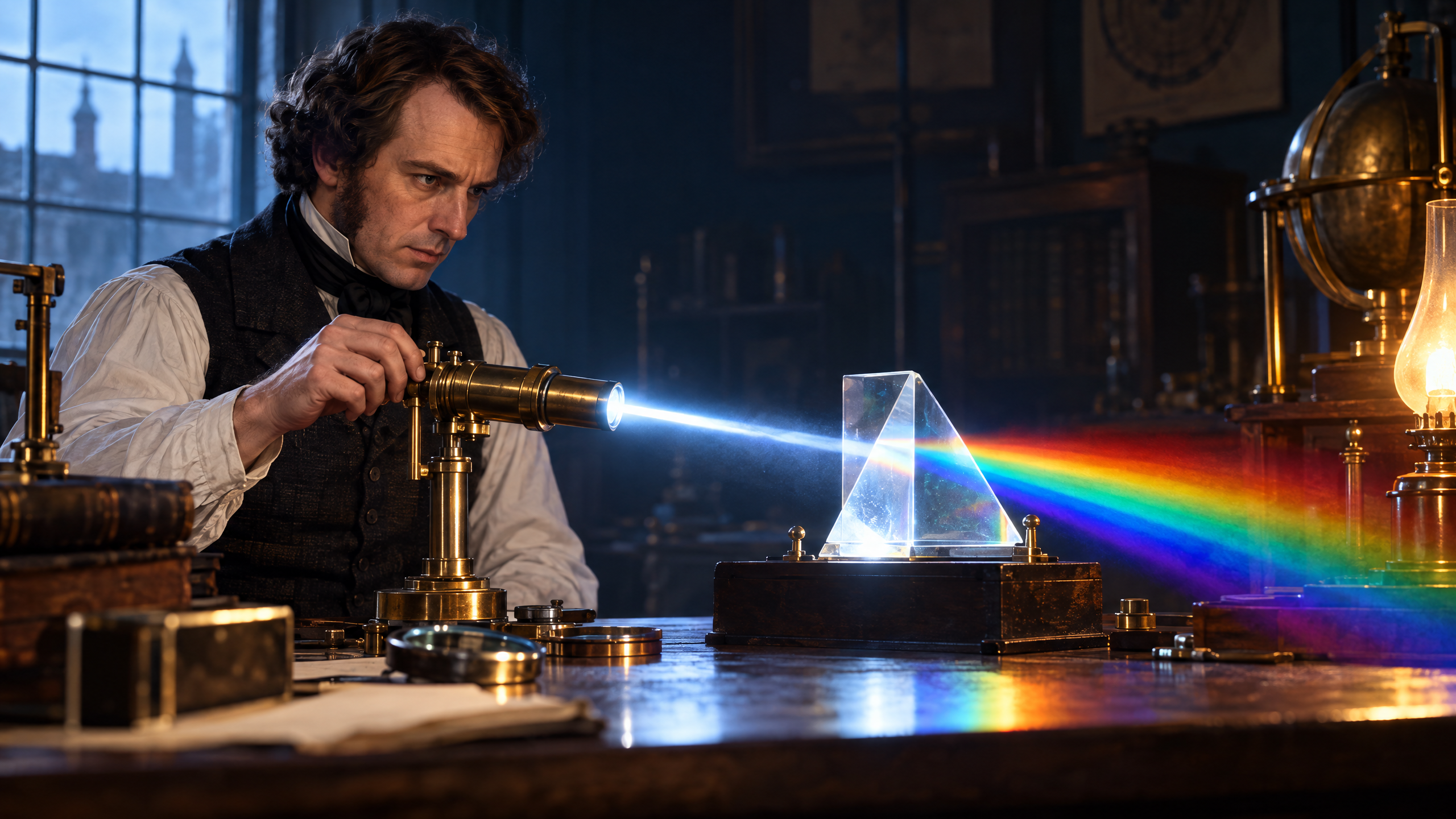 A colorful physics illustration featuring a glass prism casting a rainbow across a wooden desk