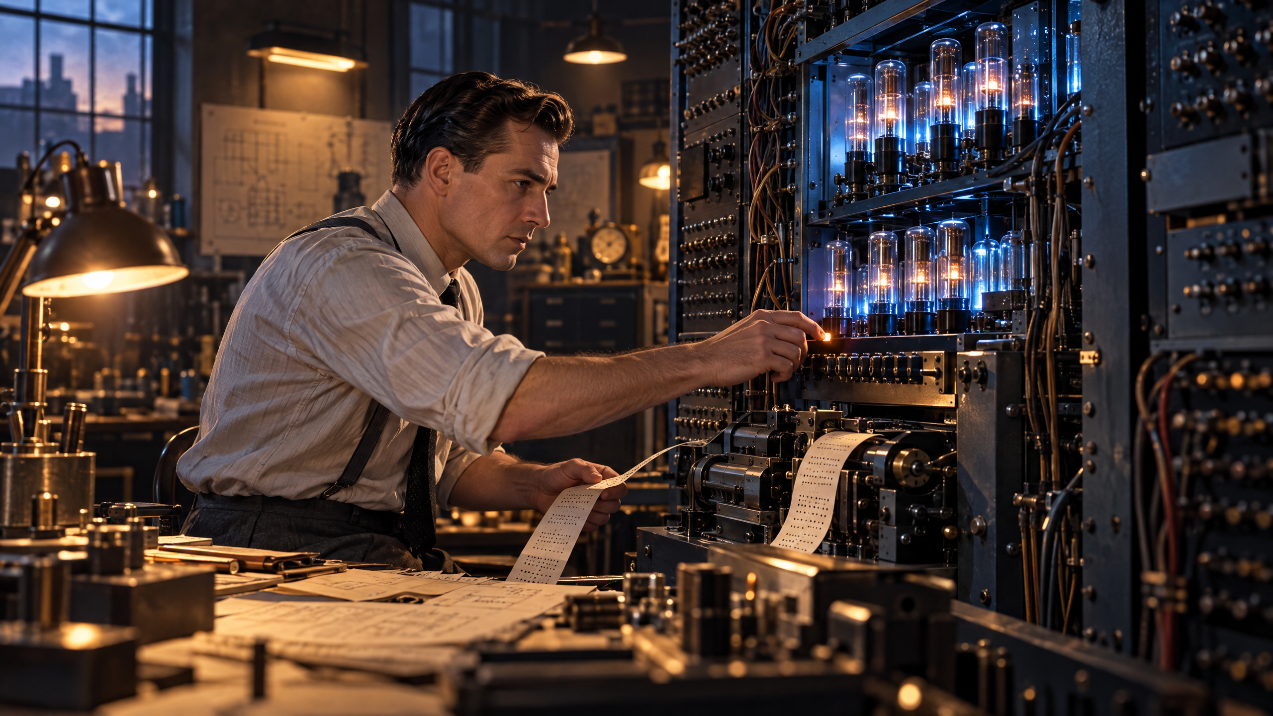 A luminous retro-futurist scene about tech and robotics