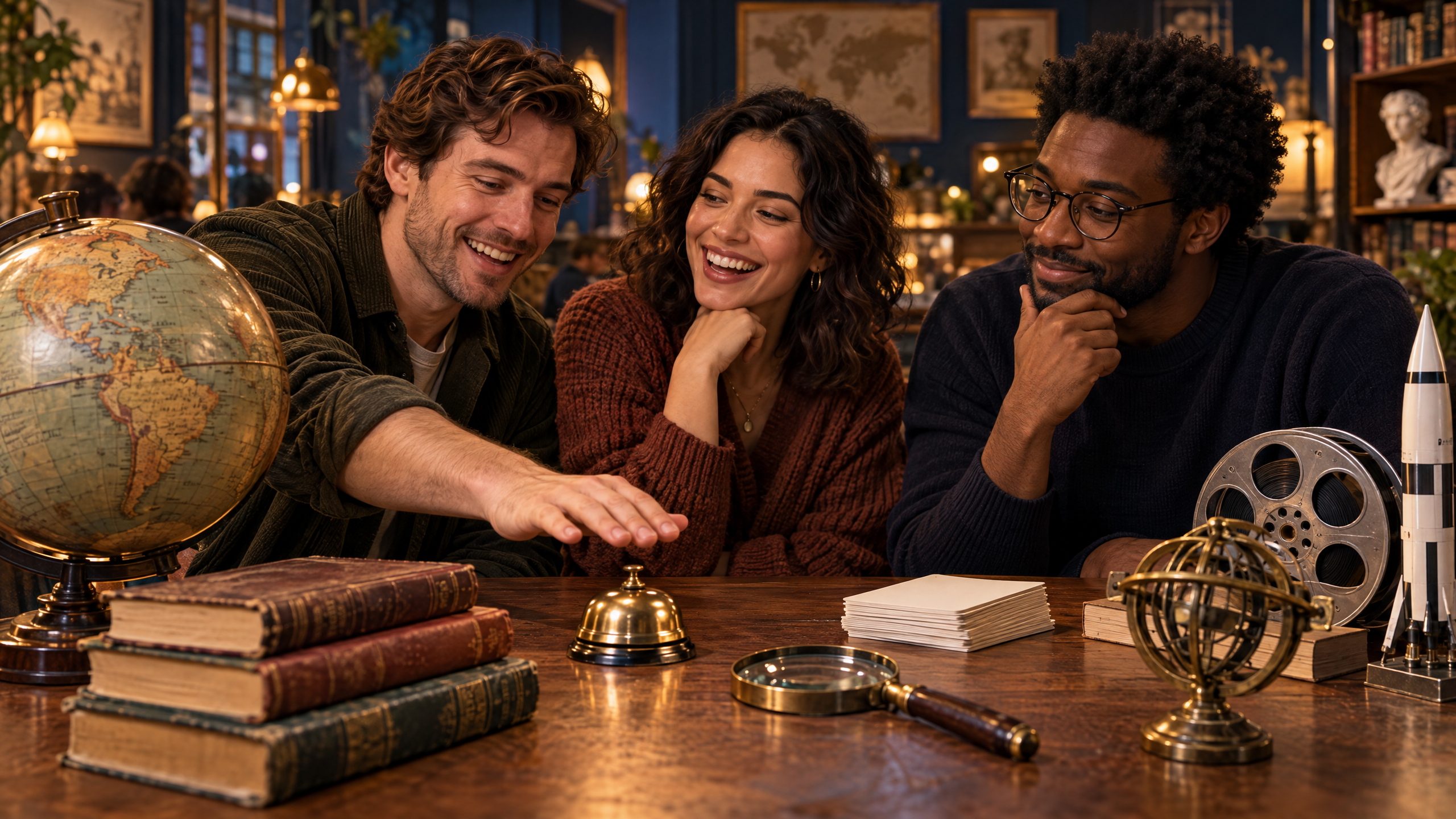 Four friends gather around a table with picture-only knowledge objects representing science, geography, history, music, film, and nature.